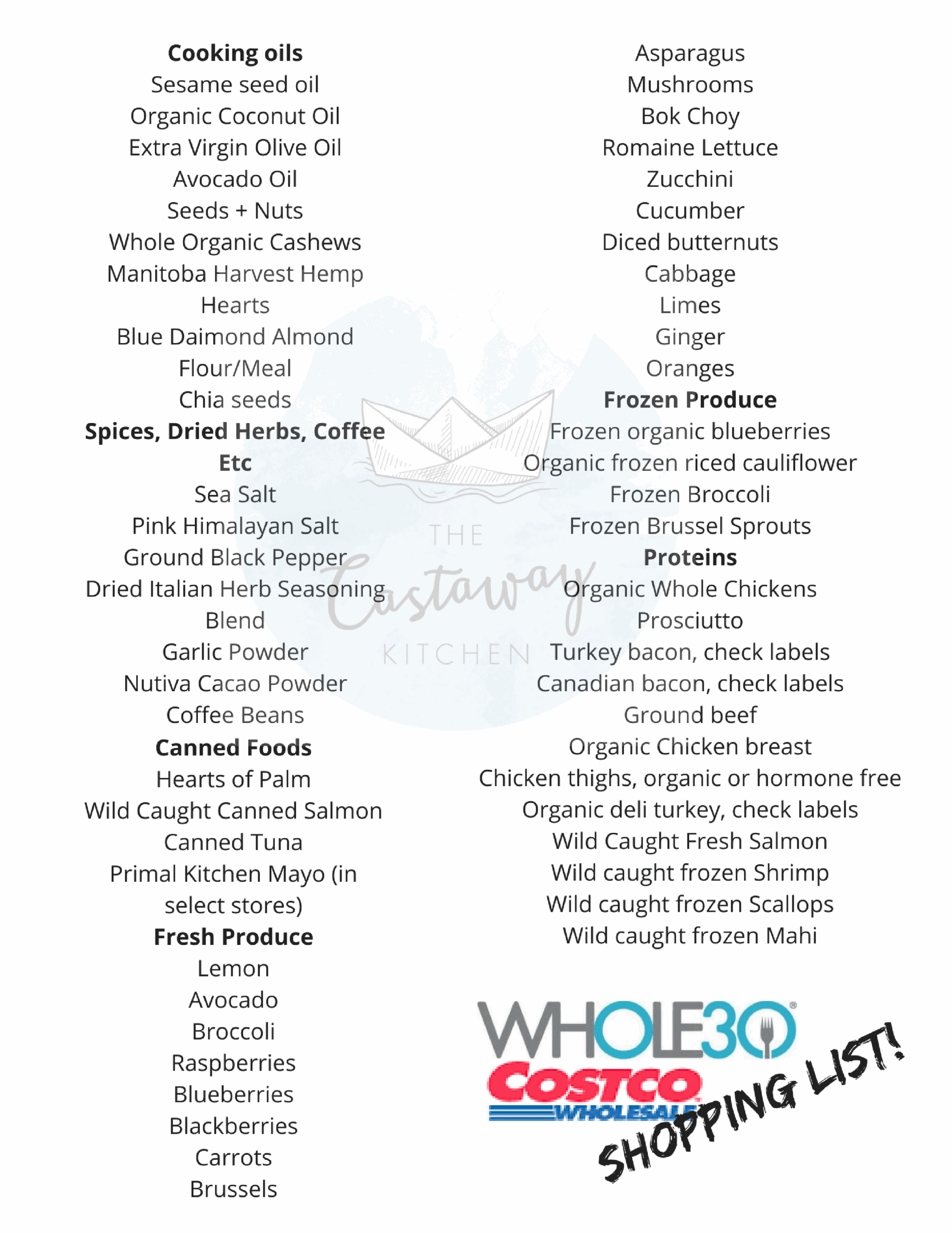 Whole30 Costco Shopping List compliant Printable List 