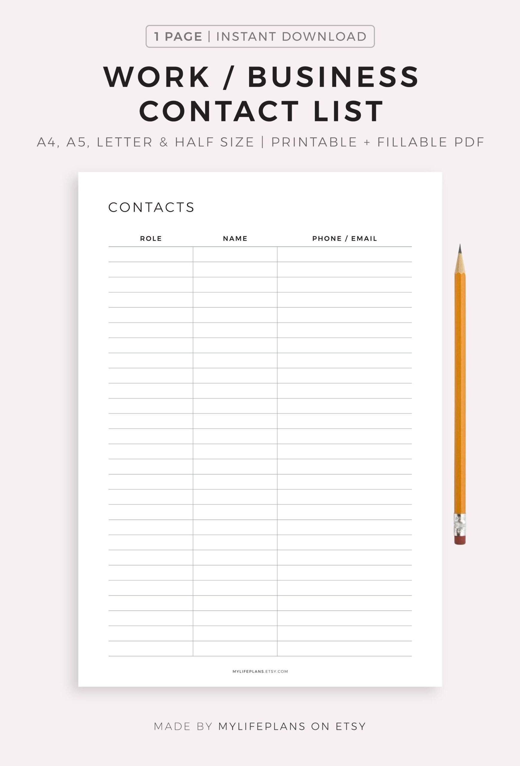 Work Business Contact List Printable Template A4 a5 letter half 