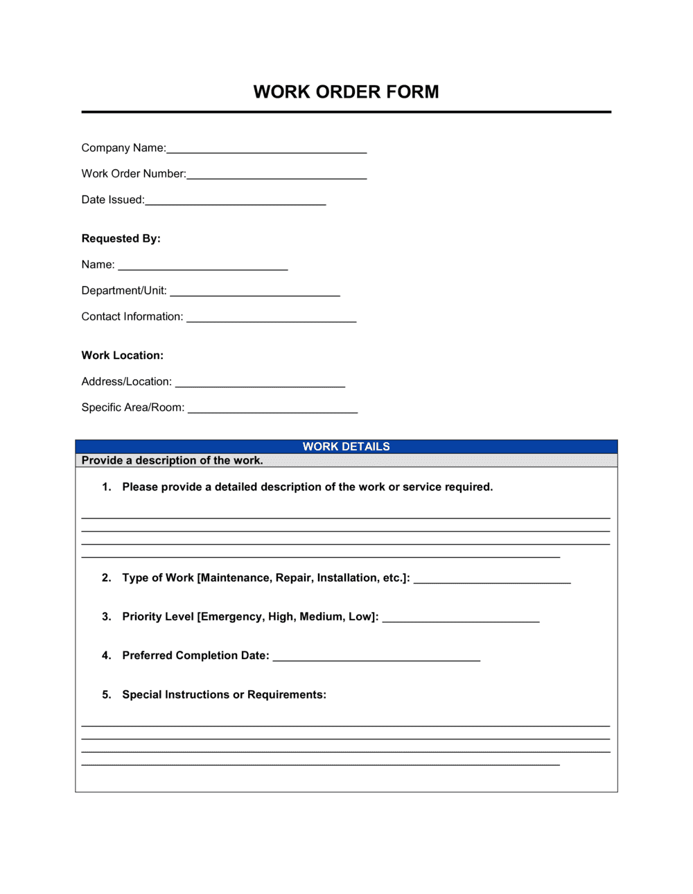 Work Order Form Template