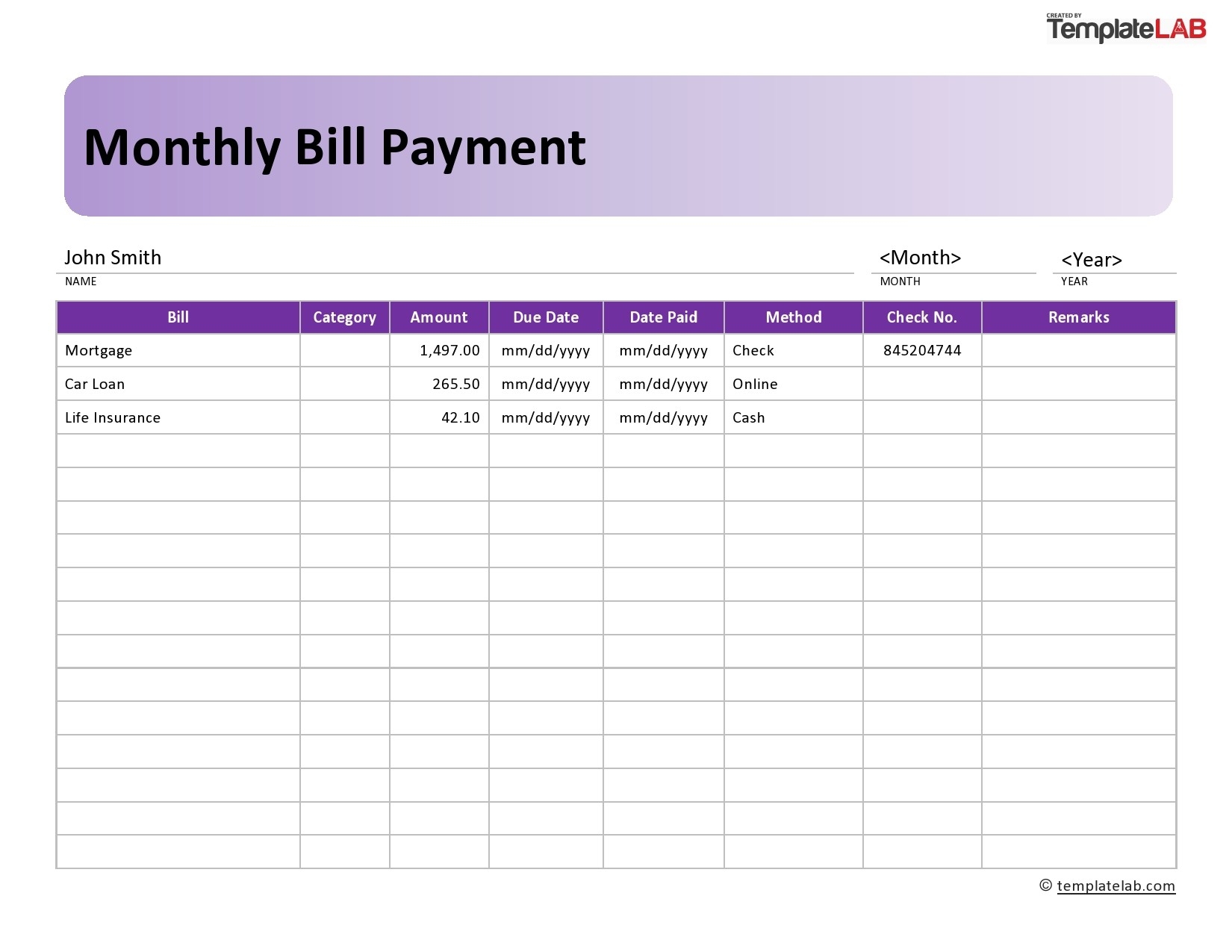 Free Printable Monthly Bill Template