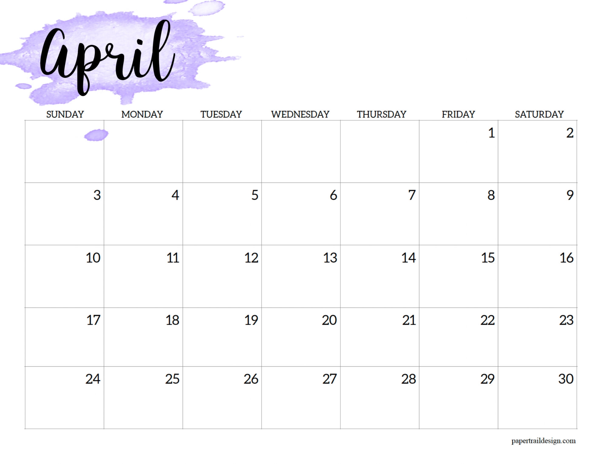 Blank Watercolor Printable Calendar Free