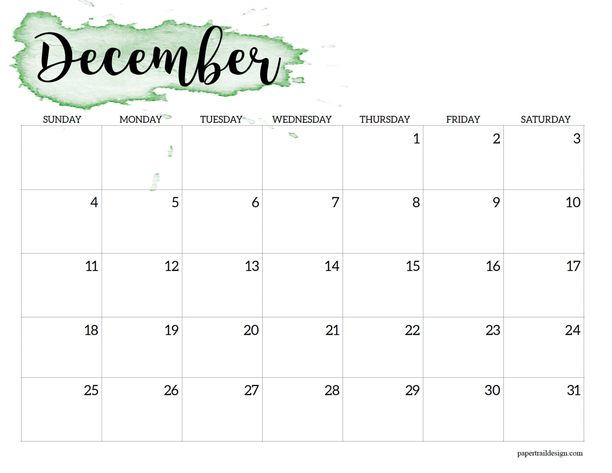 2022 Calendar Printable Watercolor Paper Trail Design