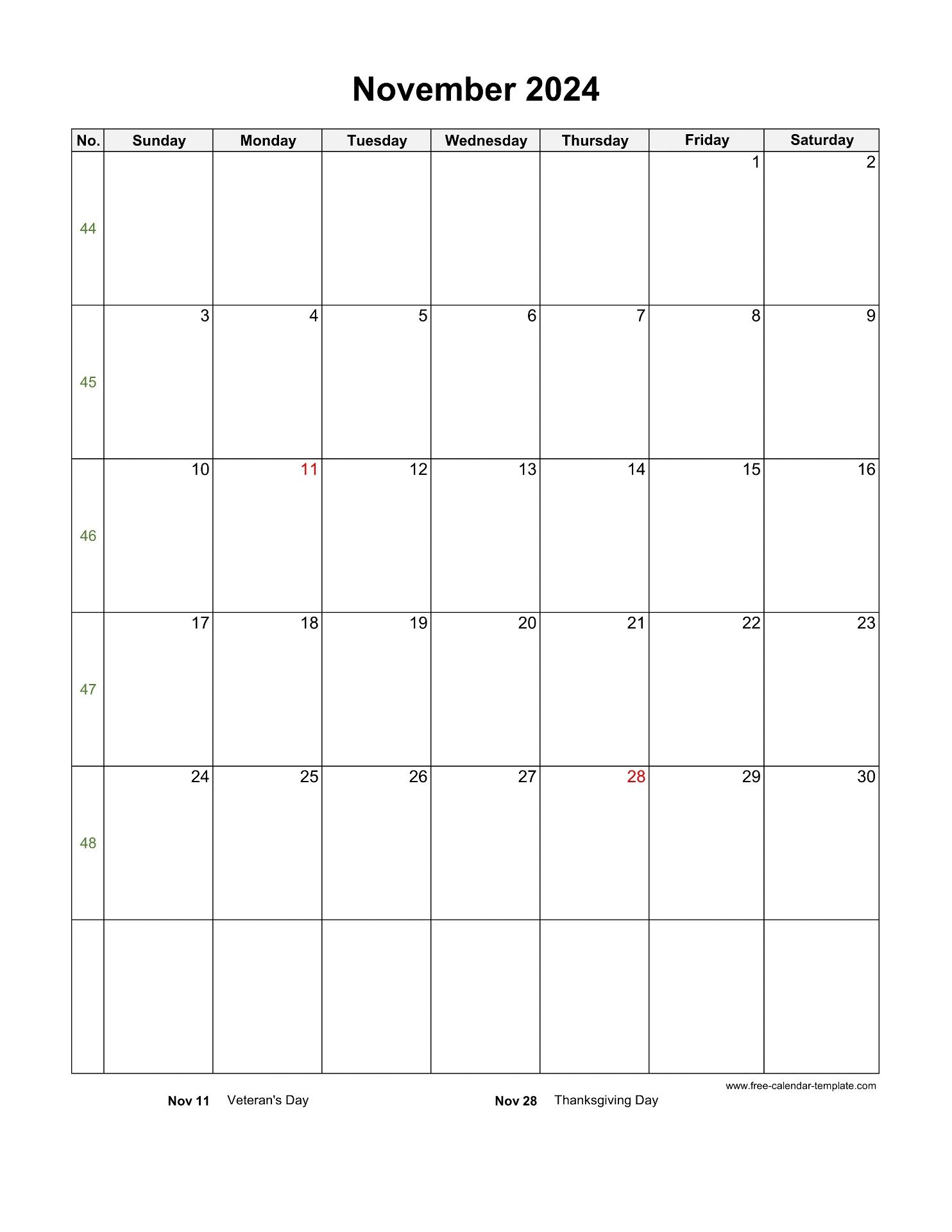 November Calendar Printable Blank
