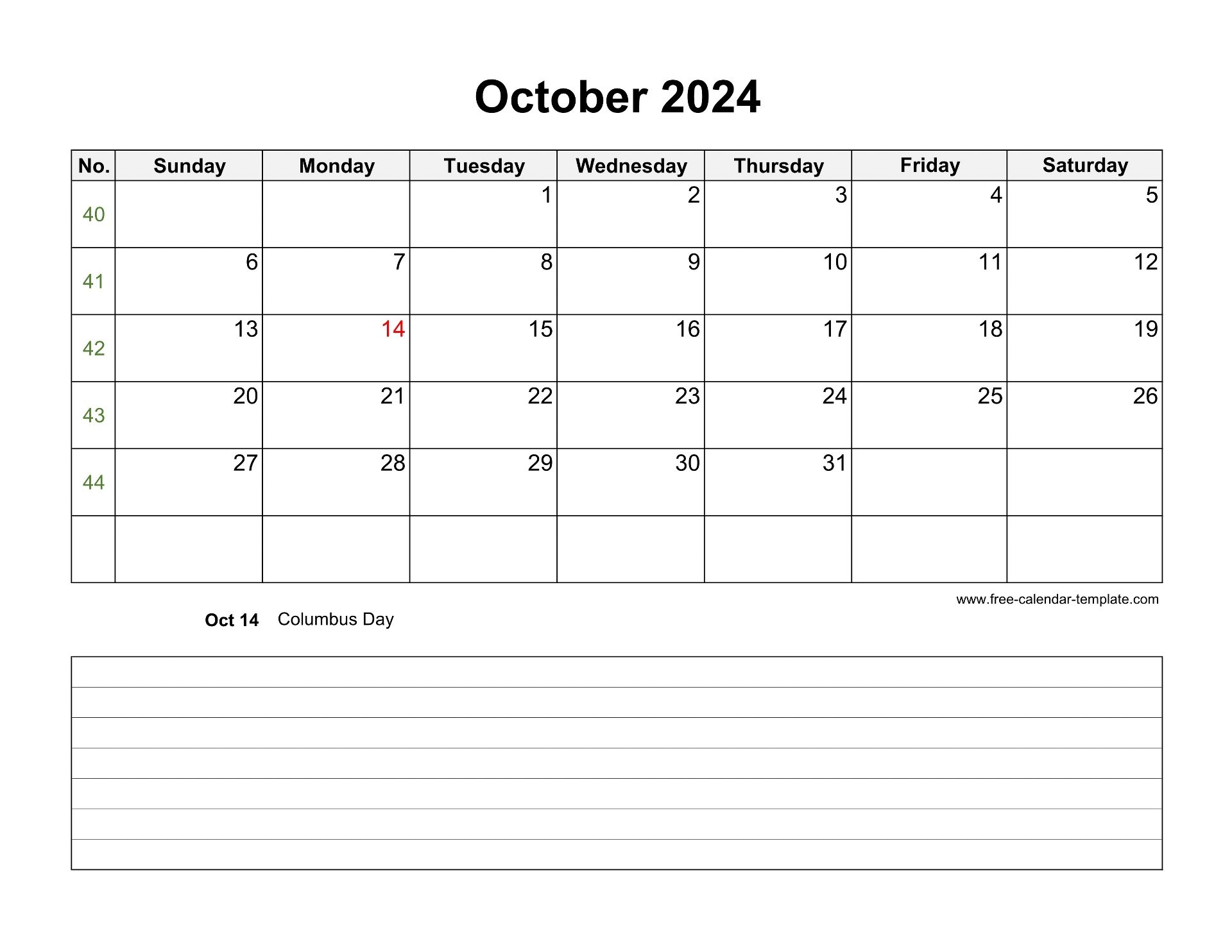 2024 Printable October Calendar With Space For Appointments horizontal Free calendar template