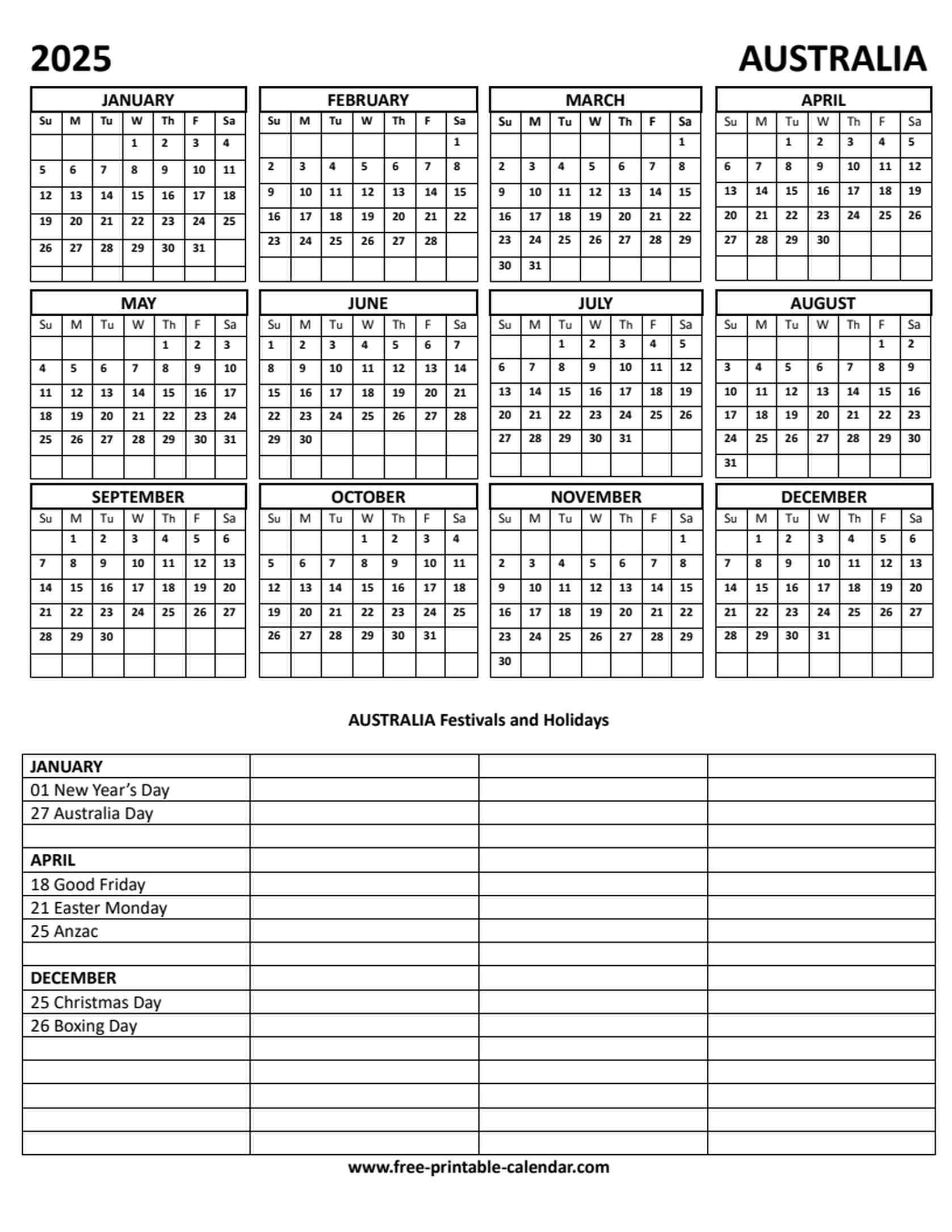 2025 Australia Holiday Calendar