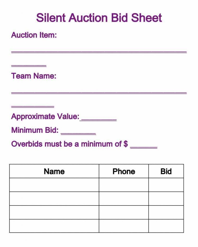 Silent Auction Bid Sheets Free Printable