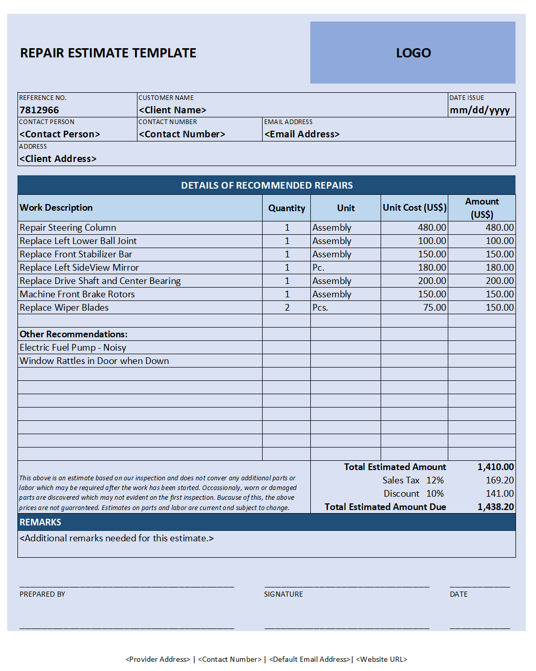 Document Template Free Printable Estimate Forms