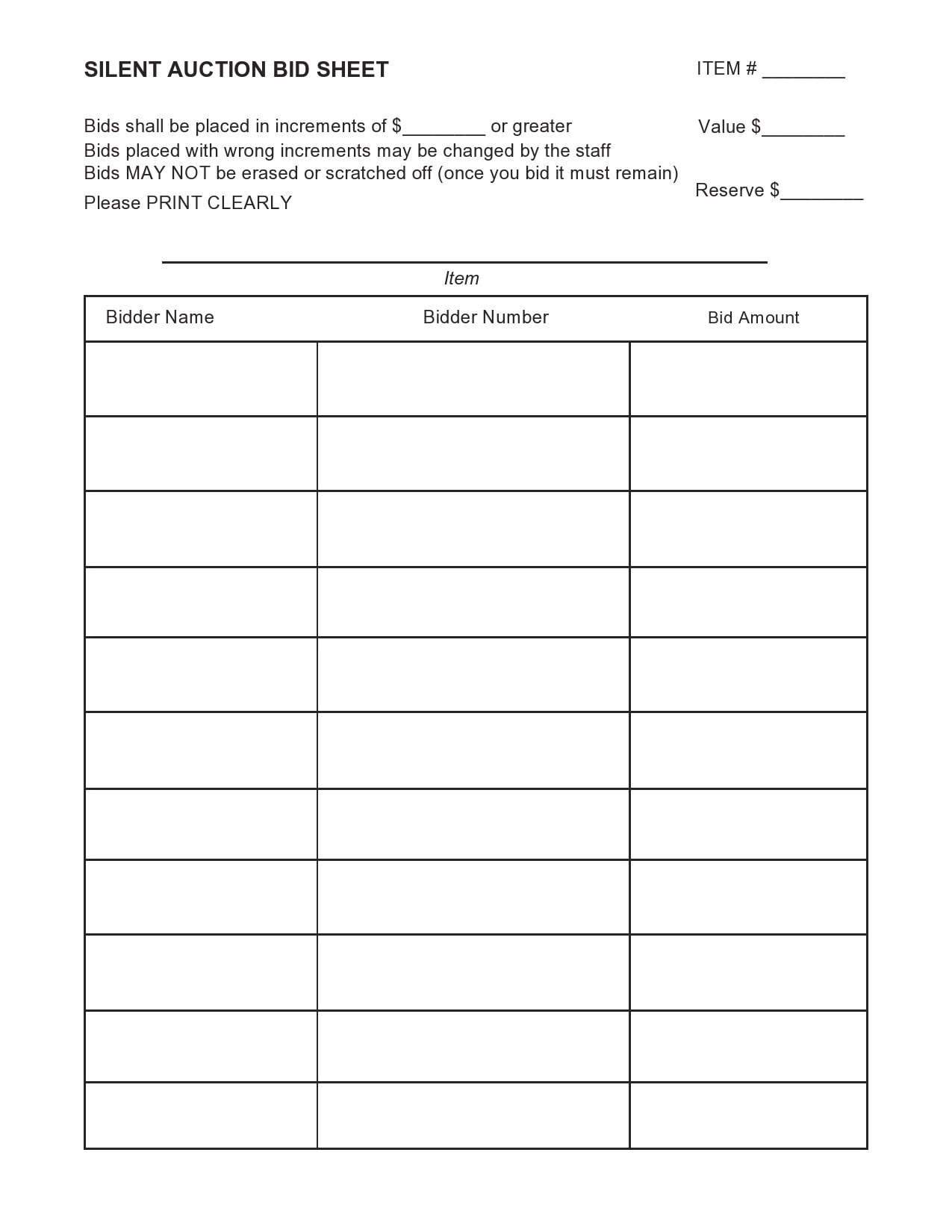 Silent Auction Bid Sheets Free Printable