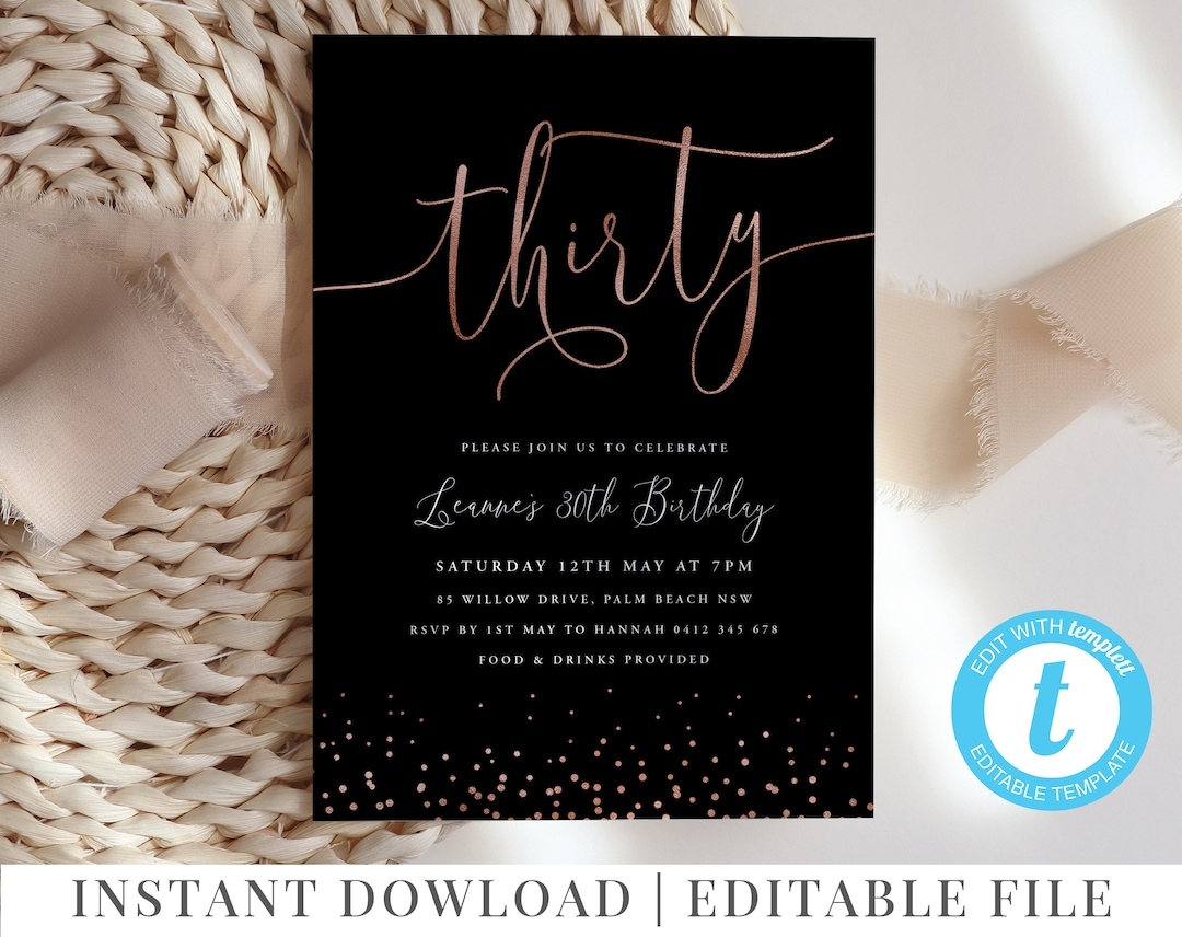 30th Birthday Invitation Rose Gold Invitation Template Editable Template 30 Thirty 30th Birthday Invite Black Rose Gold 30th Party Etsy