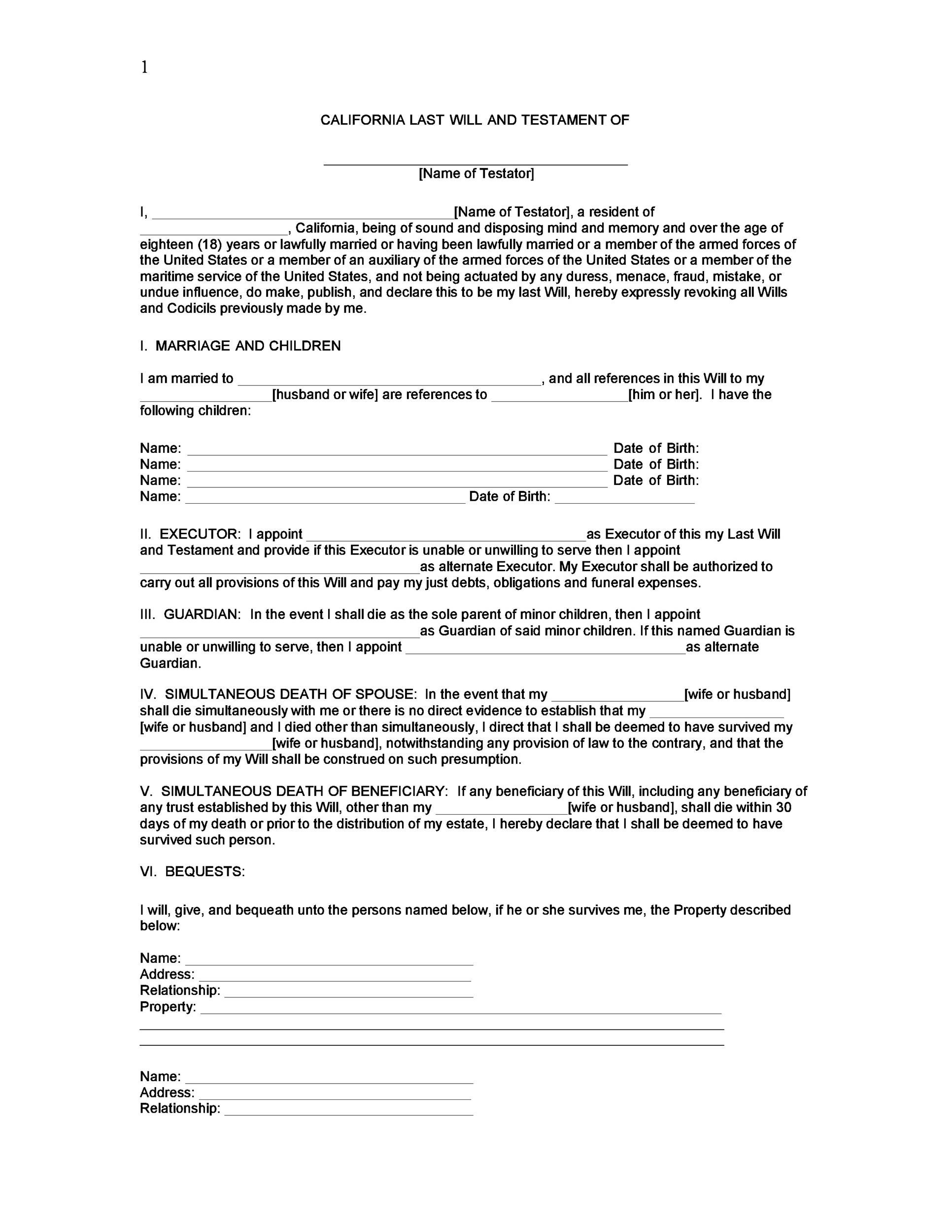 Free Printable Will Template Pdf