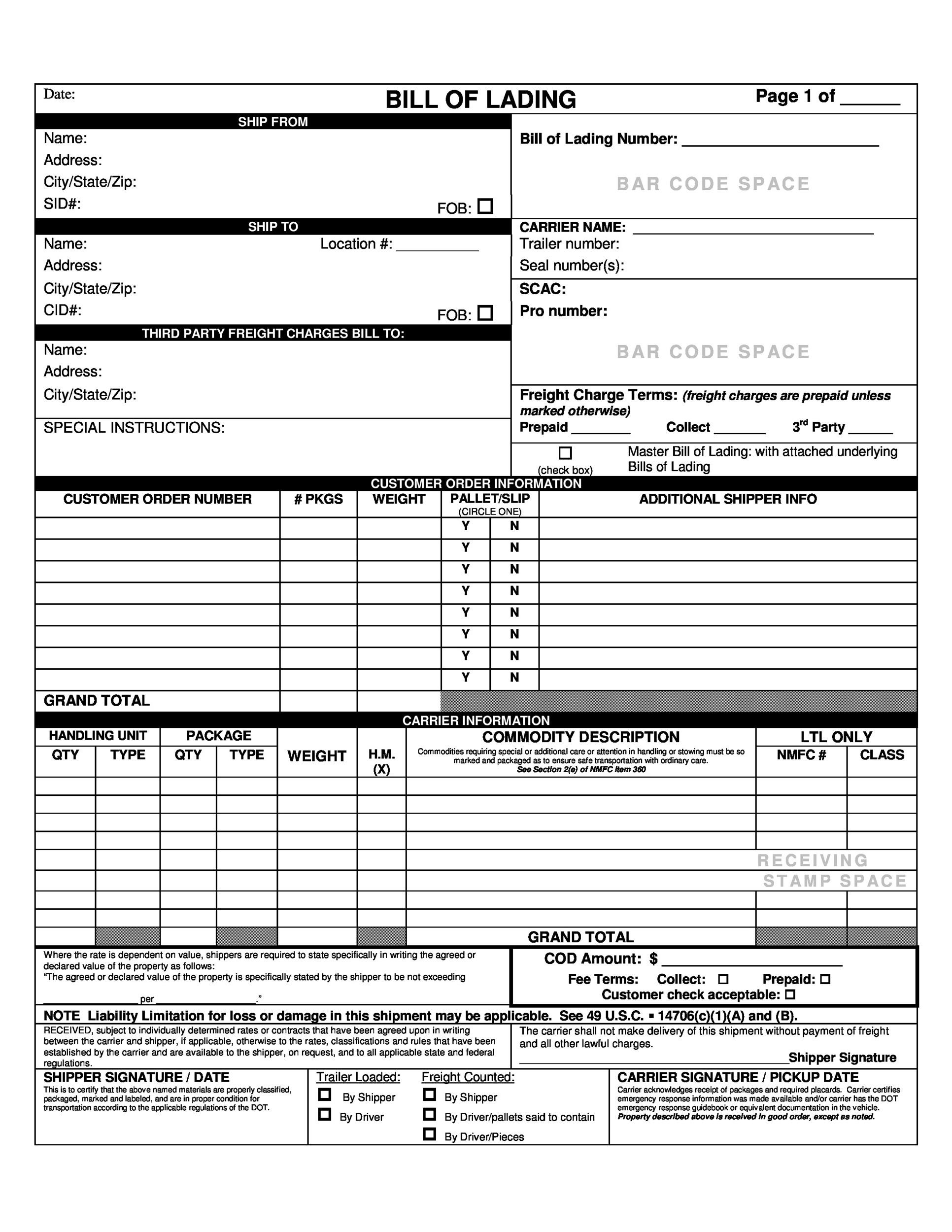 Blank Bill Of Lading Template Printable