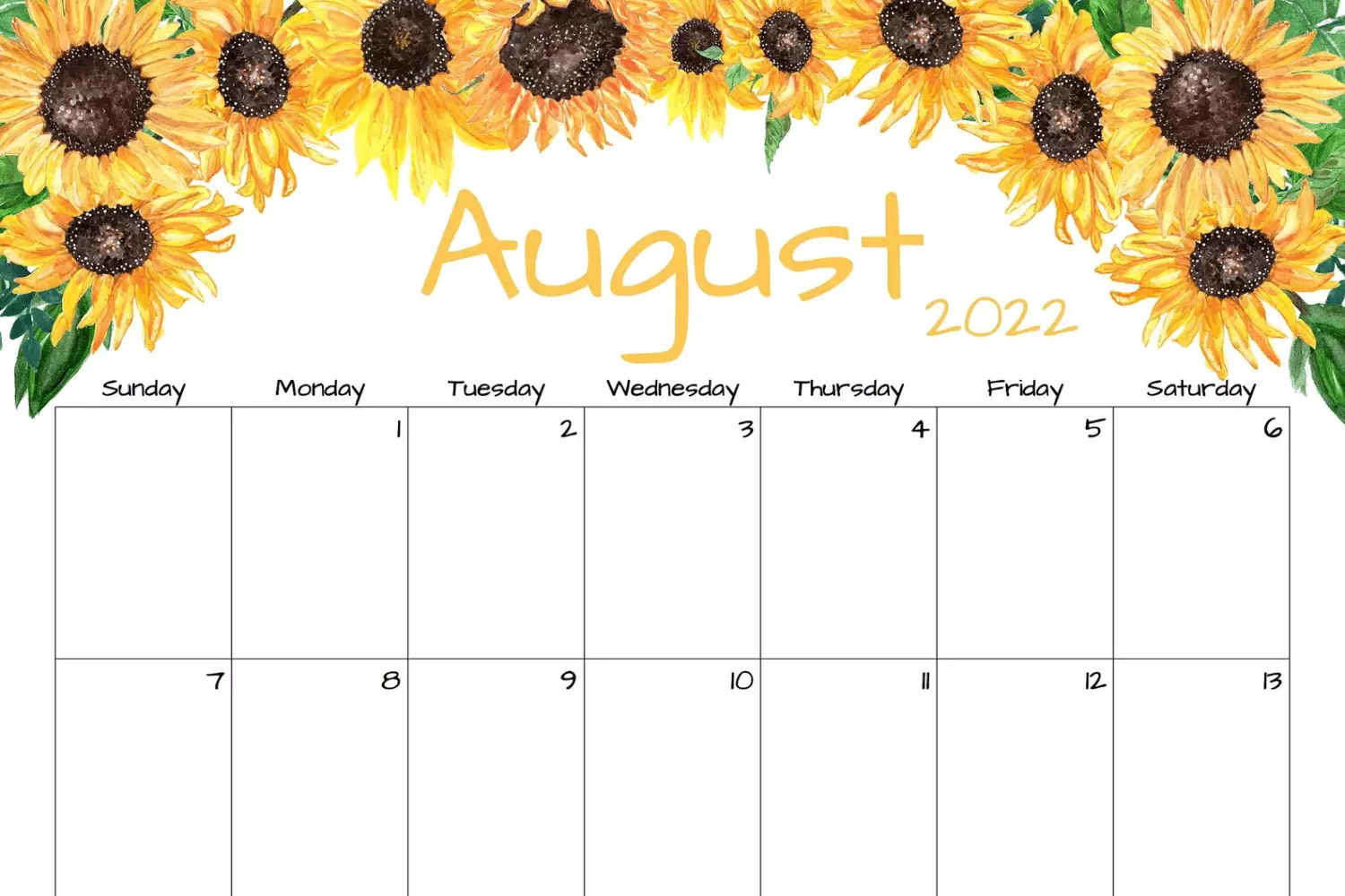 Blank Printable August Calendar