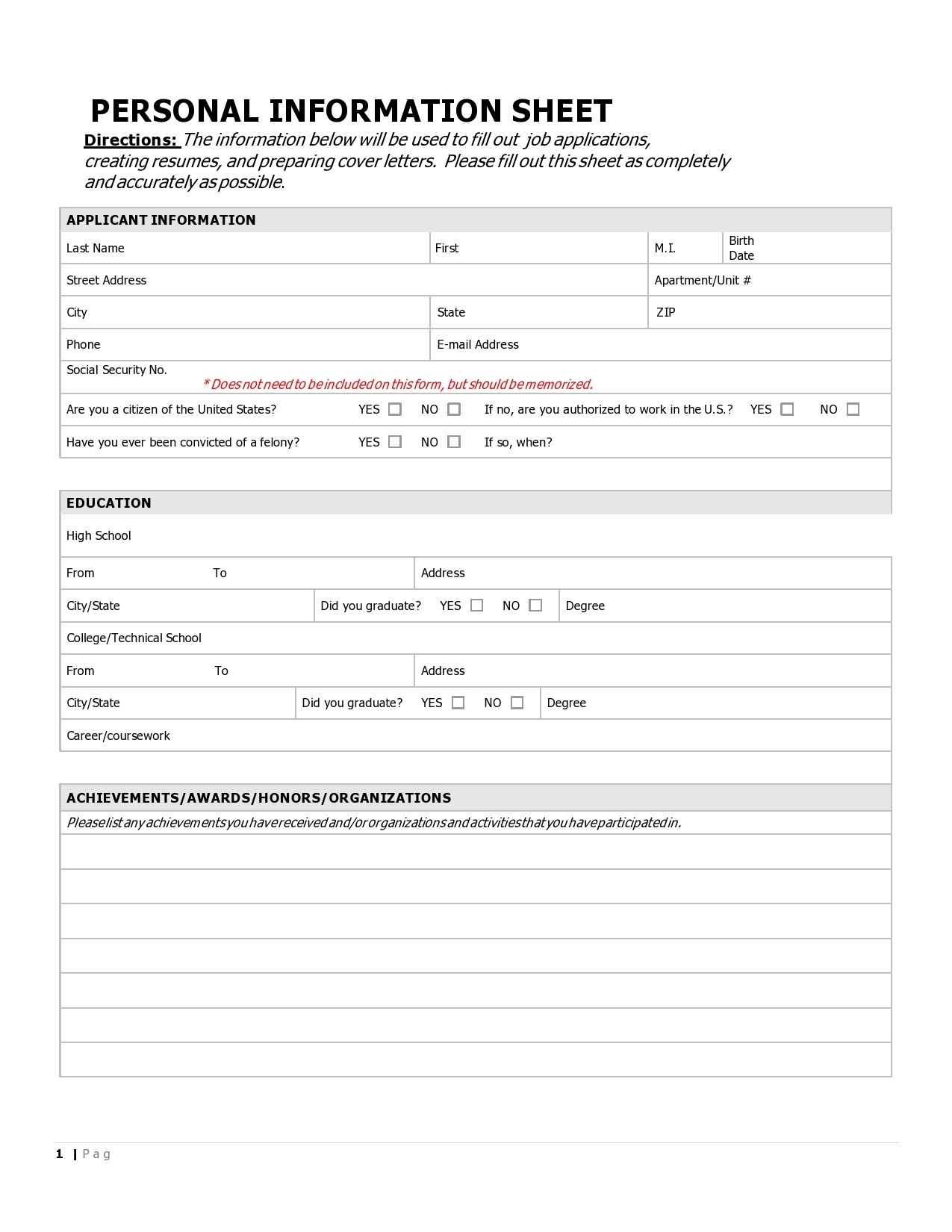 Informatin Template Free Printable