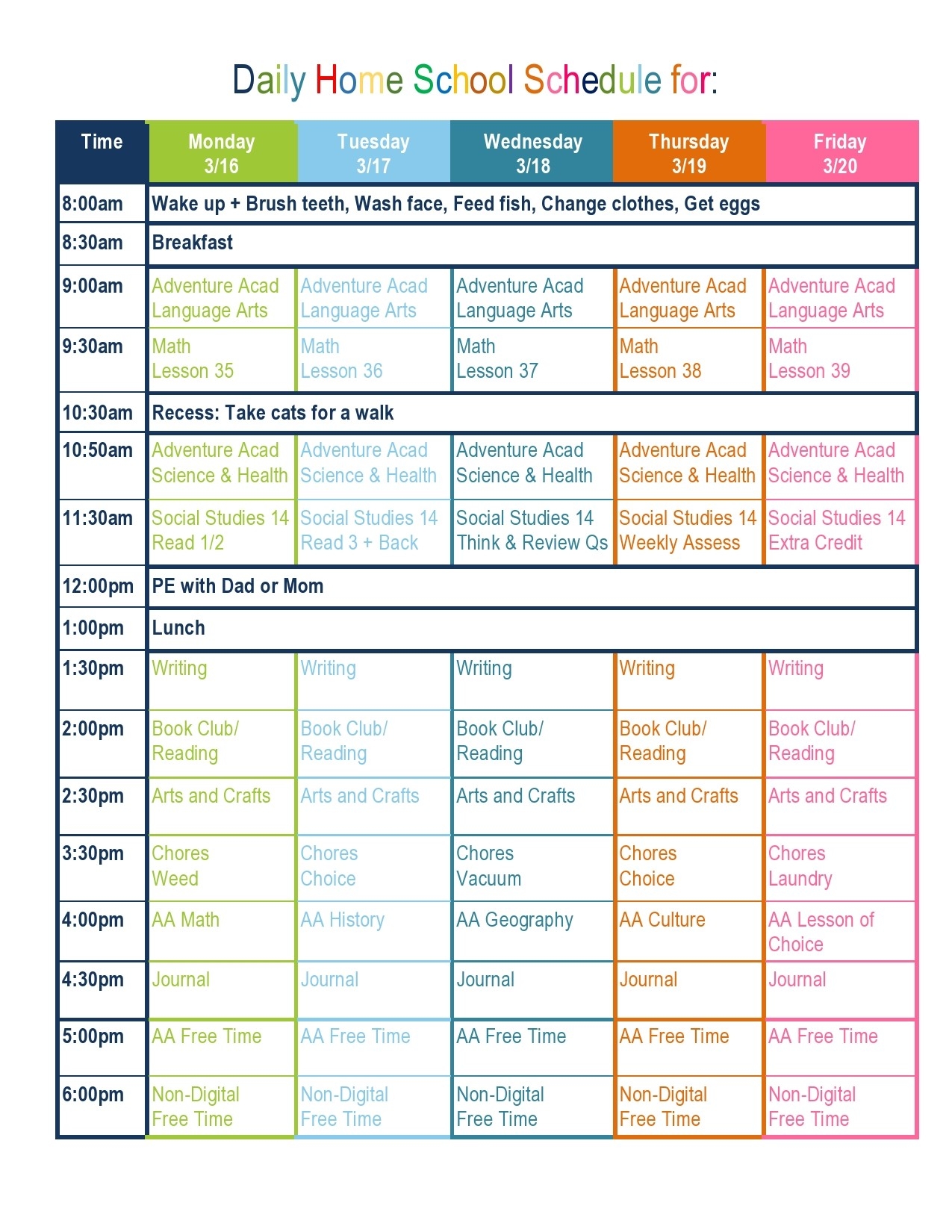 Free Printable Homeschool Template