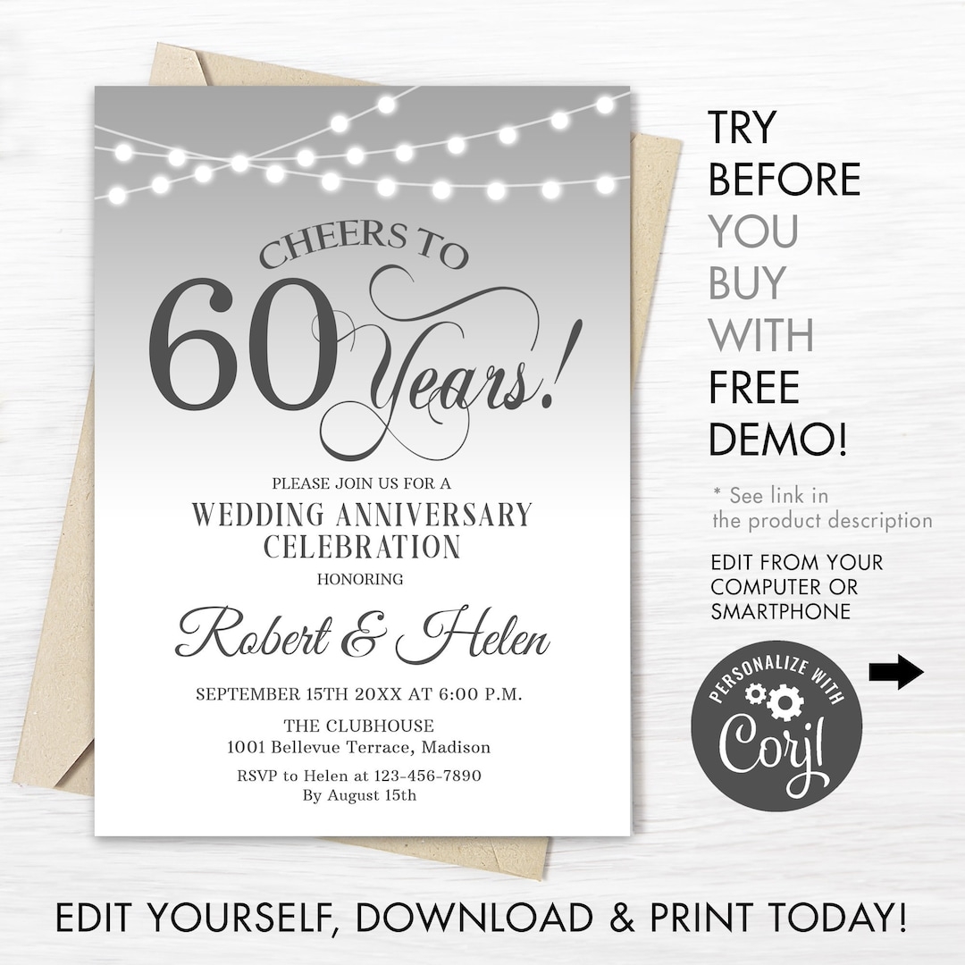 60th Wedding Anniversary Party Invitation INSTANT DOWNLOAD Editable Digital Template Any Years Of Marriage Silver White DIY Etsy