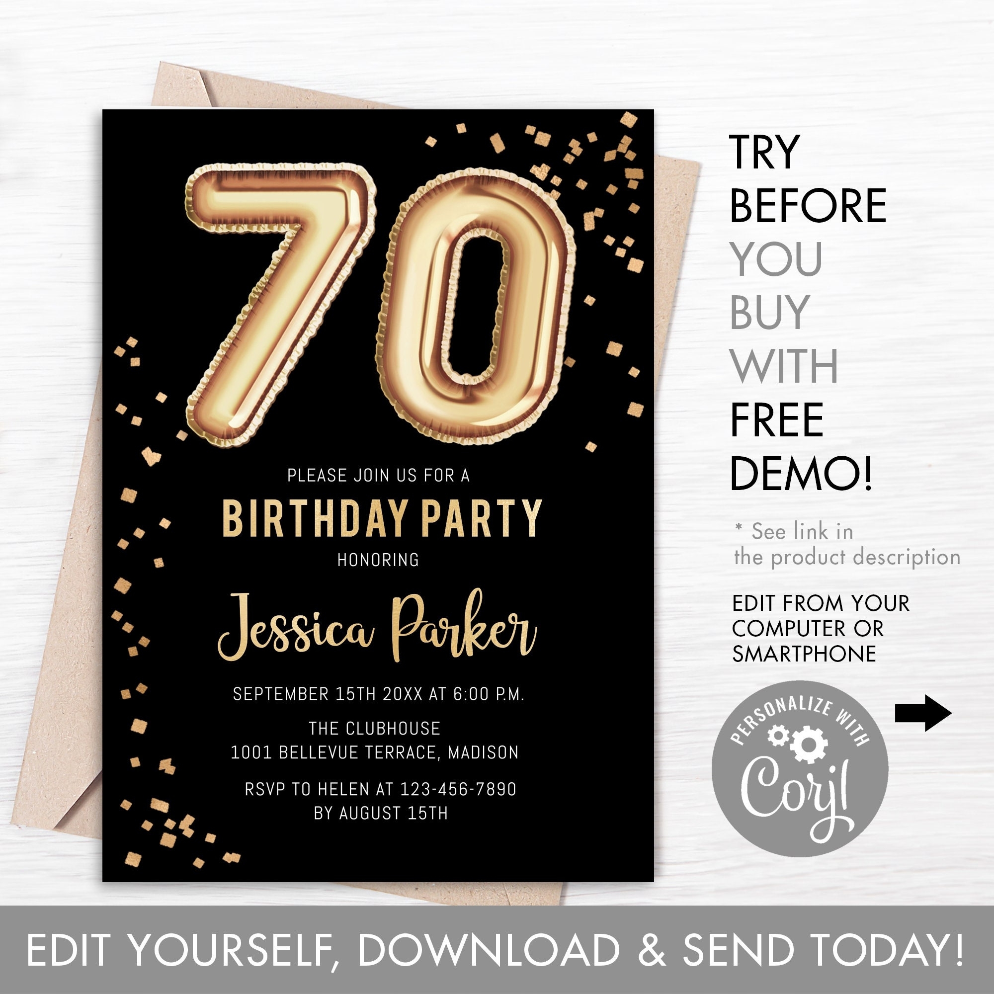 70th Birthday Party Invitation INSTANT DOWNLOAD Digital Template 