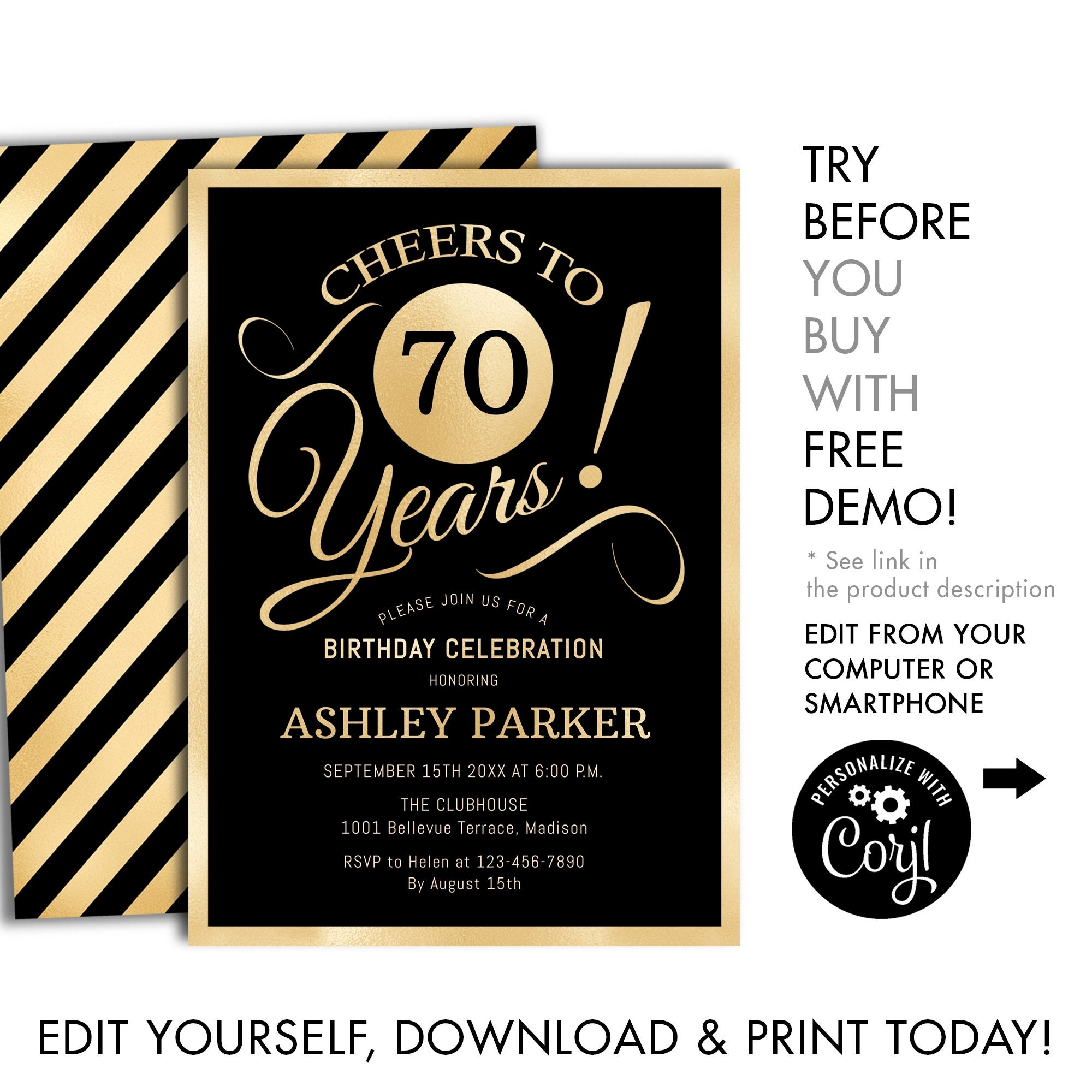 70th Birthday Party Invitation INSTANT DOWNLOAD DIY Digital 