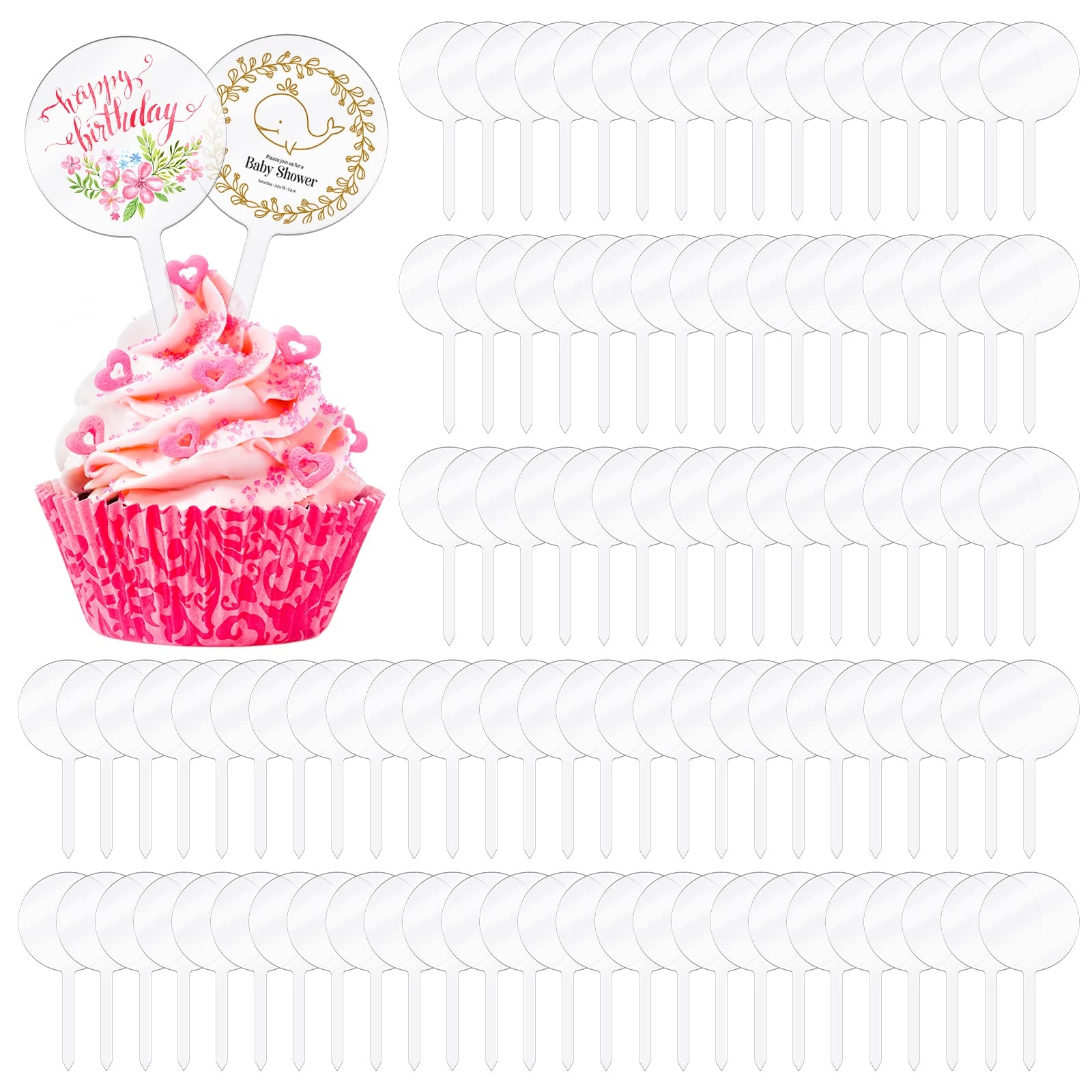 Amazon BBTO 100 Pieces 2 Inch Round Clear Acrylic Blank Cupcake Toppers Sticks For DIY Birthday Festival Party Baby Shower Wedding Party Cupcake 