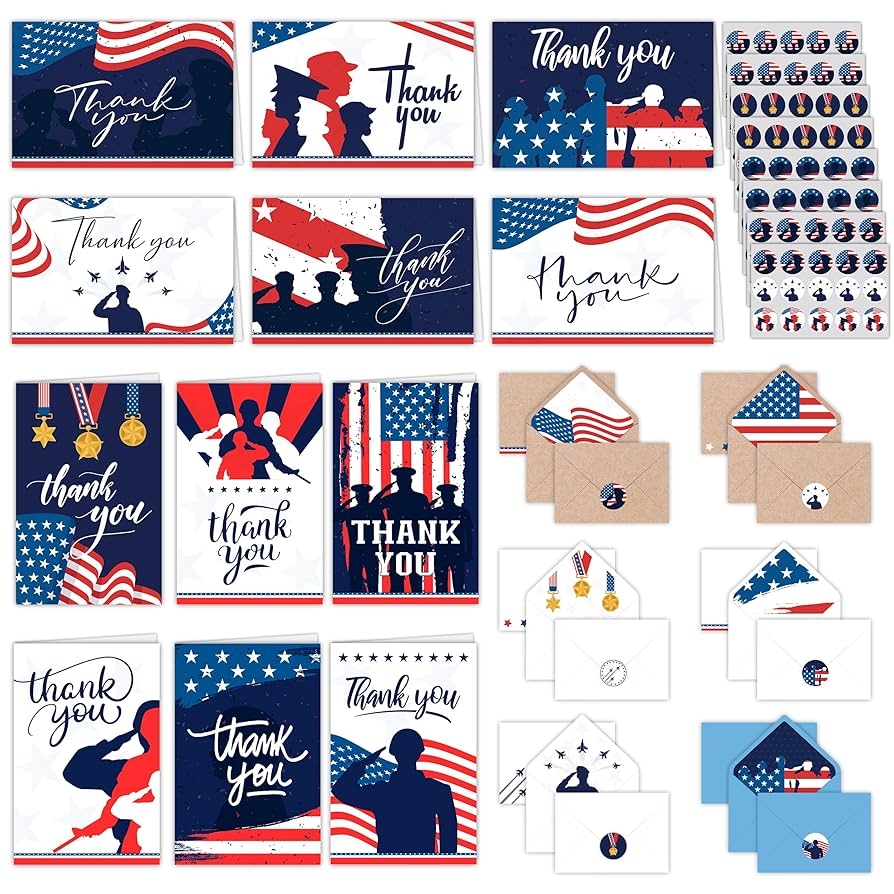 Amazon Decorably 120 Pack 6x4in Thank You For Your Service Cards For Veterans Military With Envelopes And Stickers 12 Patriotic Designs Military Thank You Cards For Veterans Blank Inside Office Products