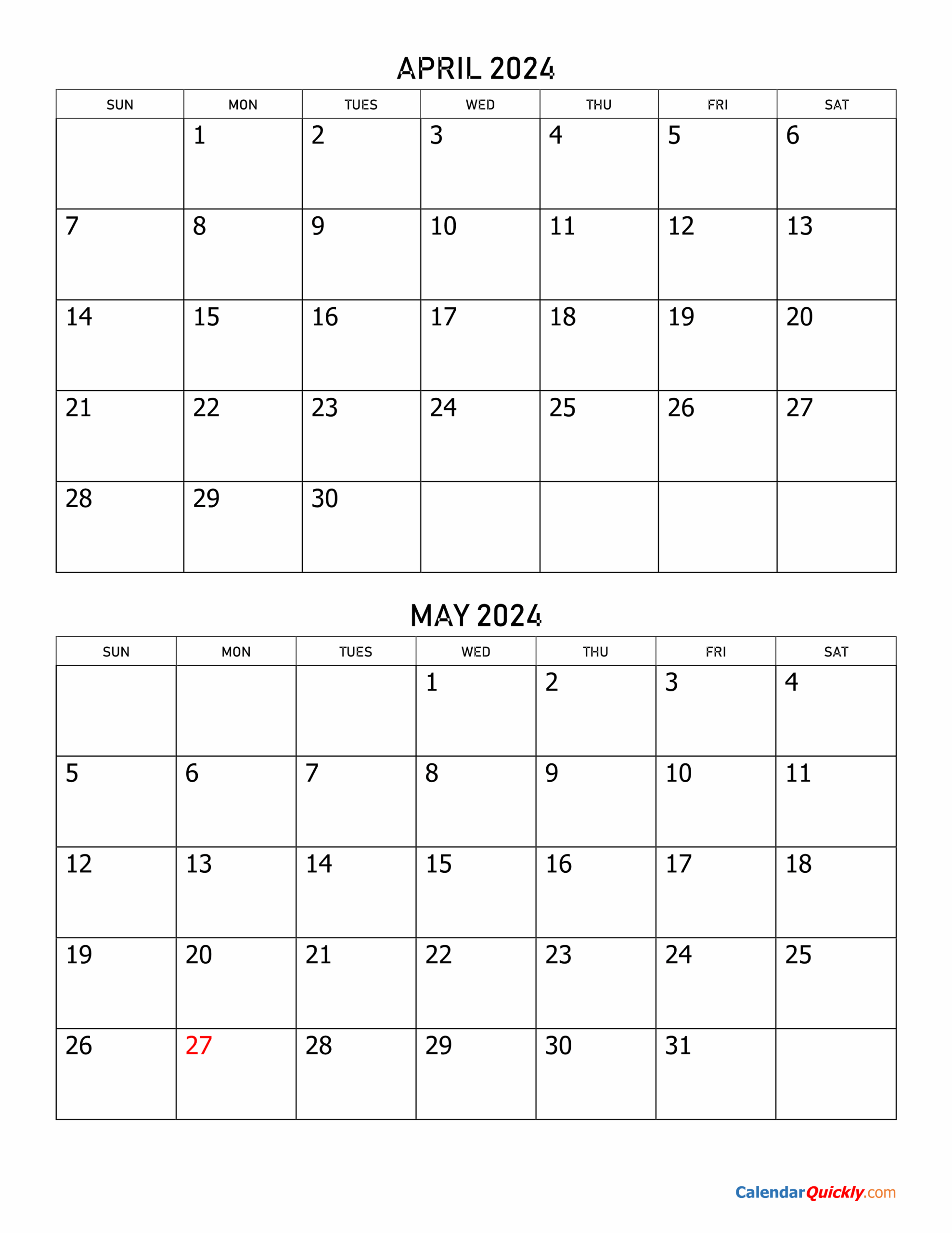 Printable Blank April May Calender