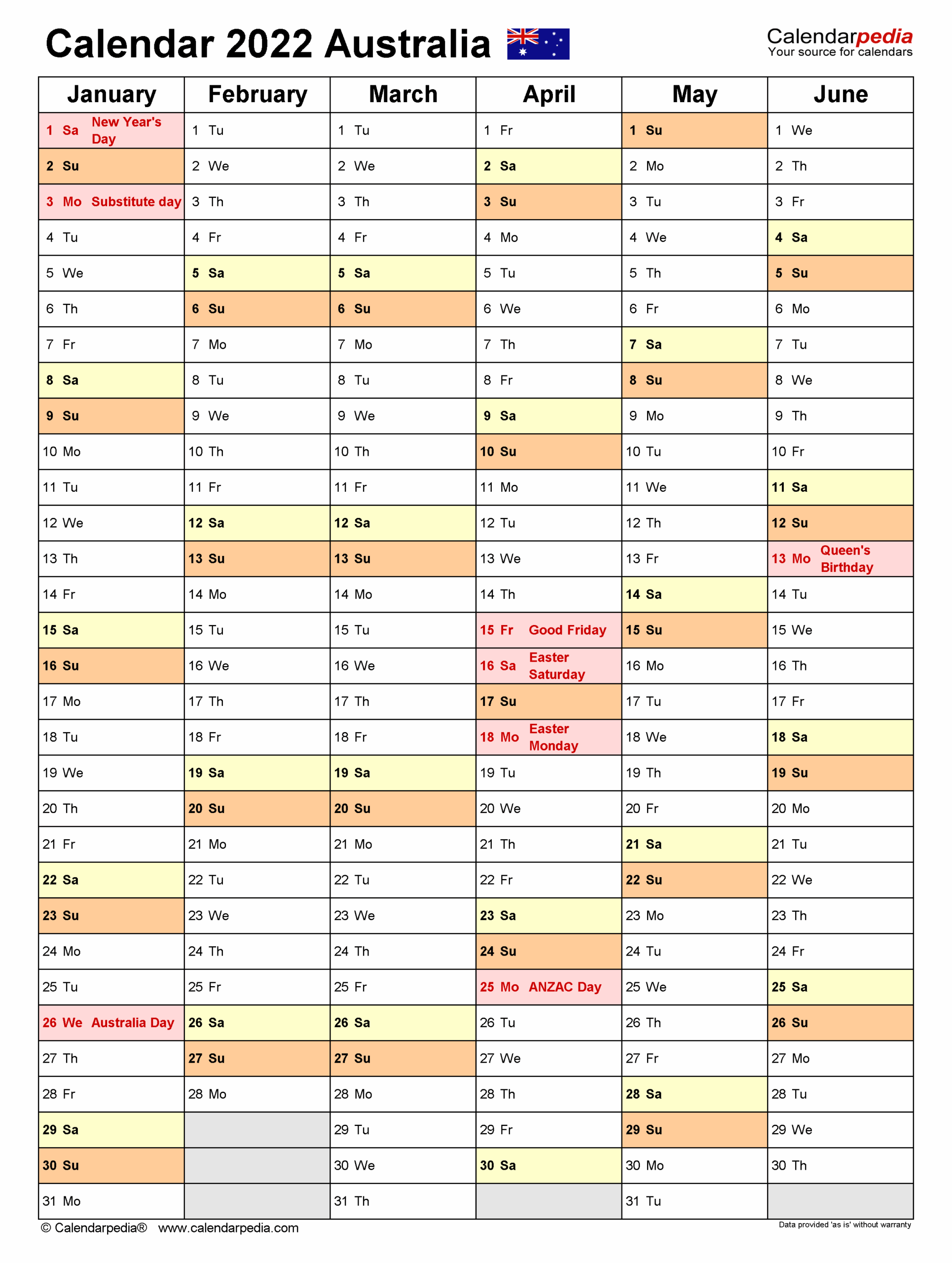 Australia Calendar 2022 Free Printable PDF Templates