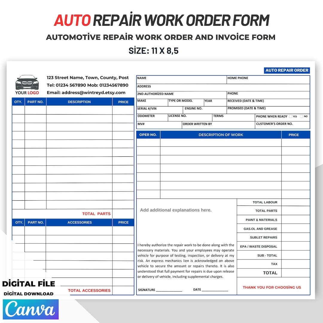 Auto Repair Work Order And Invoice Form Auto Repair Order Form Template 1 Etsy