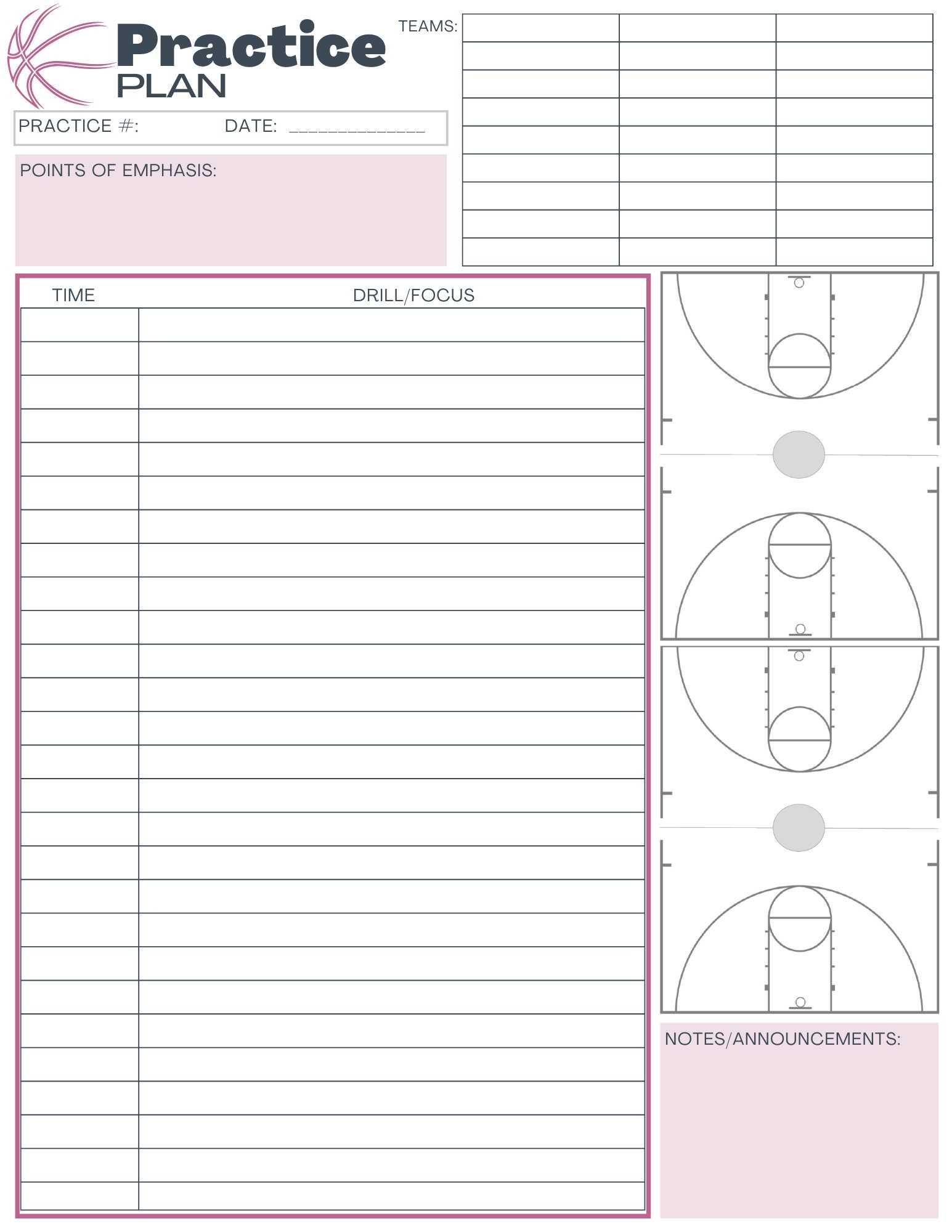 Basketball Practice Plan Templates 3 Digital Download Pink Etsy