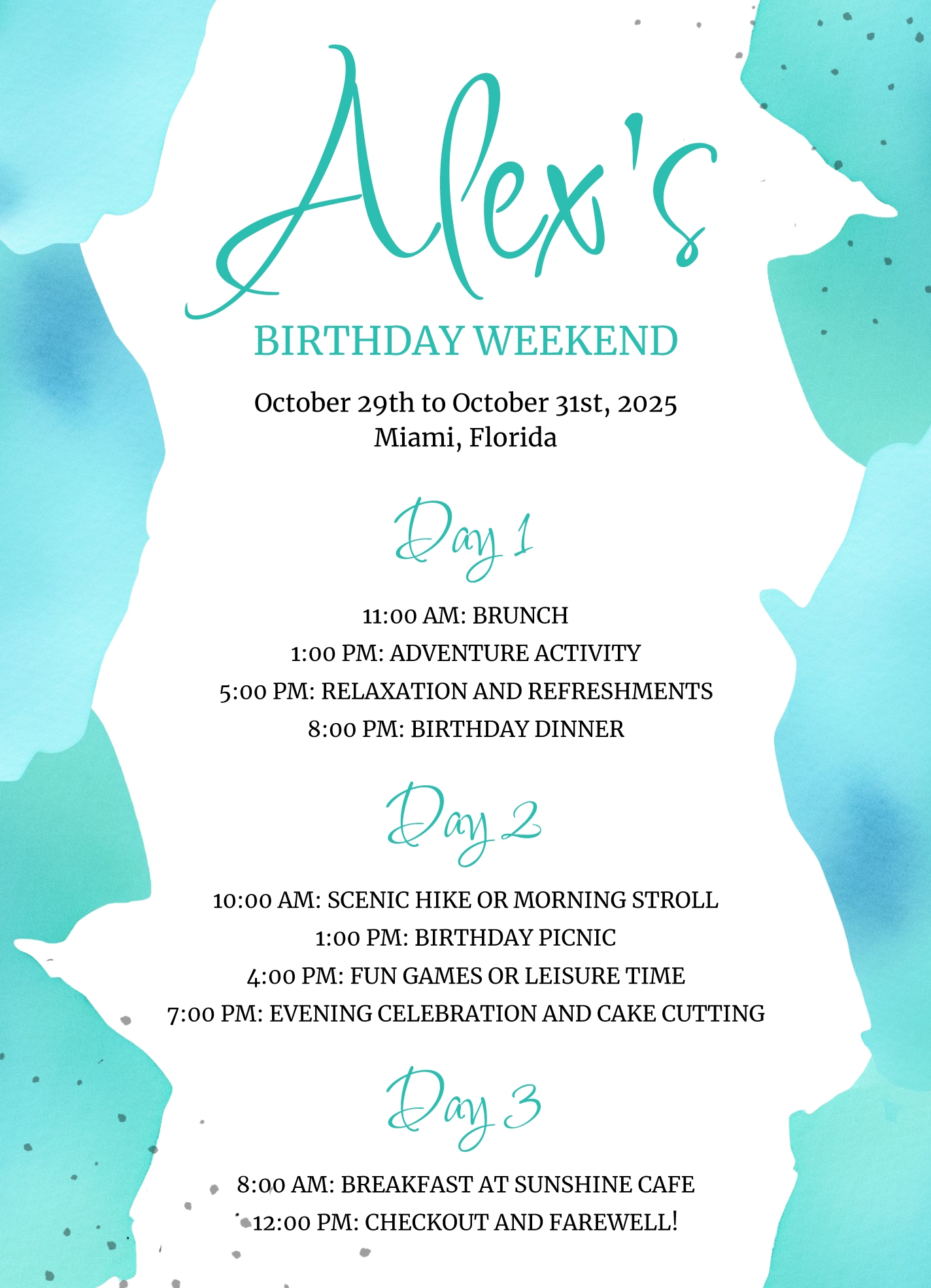 Free Printable Birthday Weekend Itinerary Template