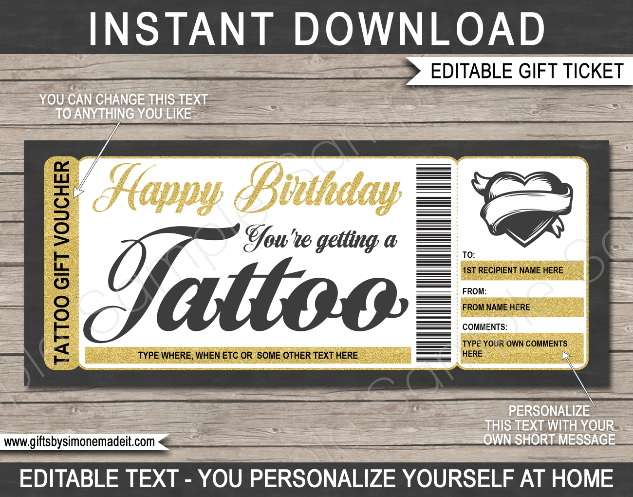 Birthday Tattoo Gift Certificate Template DIY Printable Gift Voucher