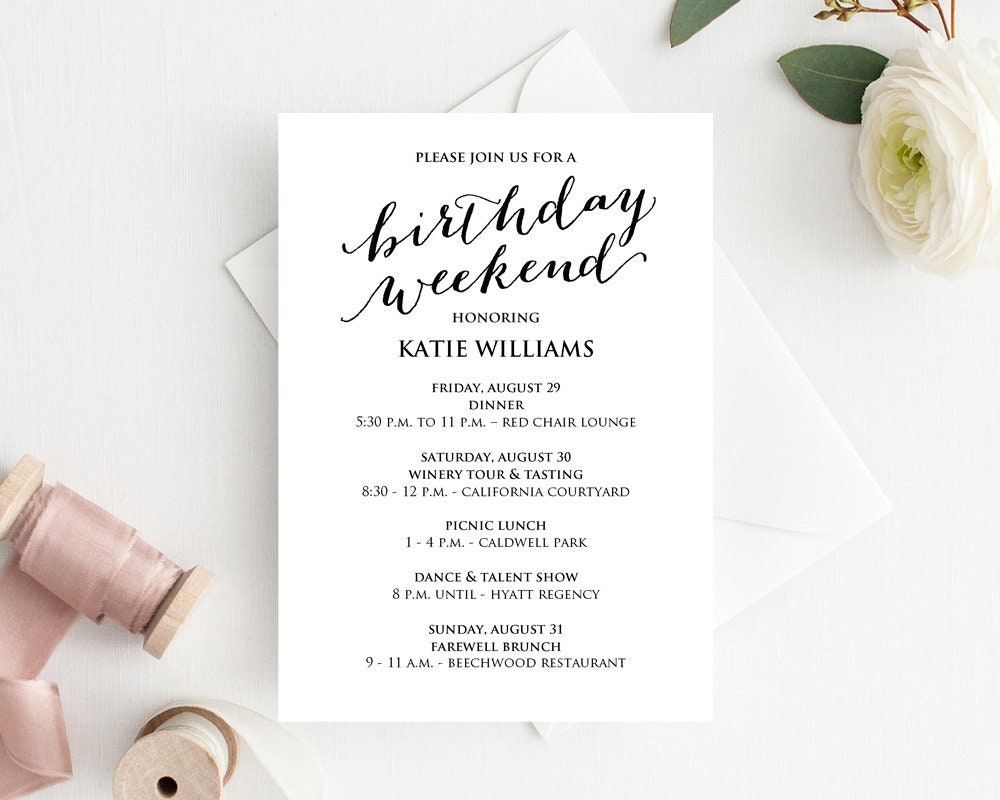 Birthday Weekend Itinerary Birthday Weekend Invitations Birthday Weekend Agenda Birthday Weekend Itinerary Template Weekend Itinerary Etsy UK