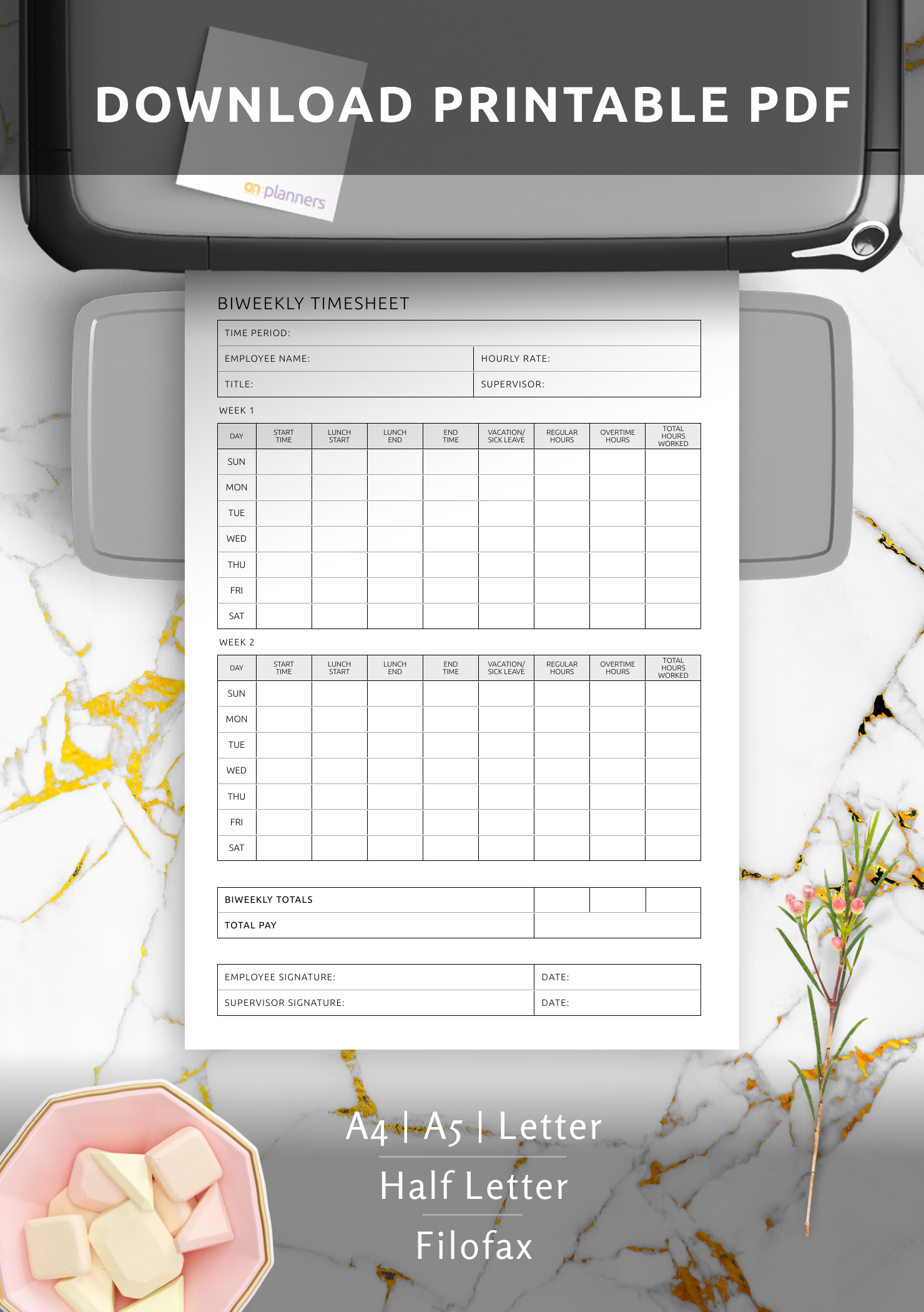 Biweekly Timesheet Template Digital Printable PDF Format
