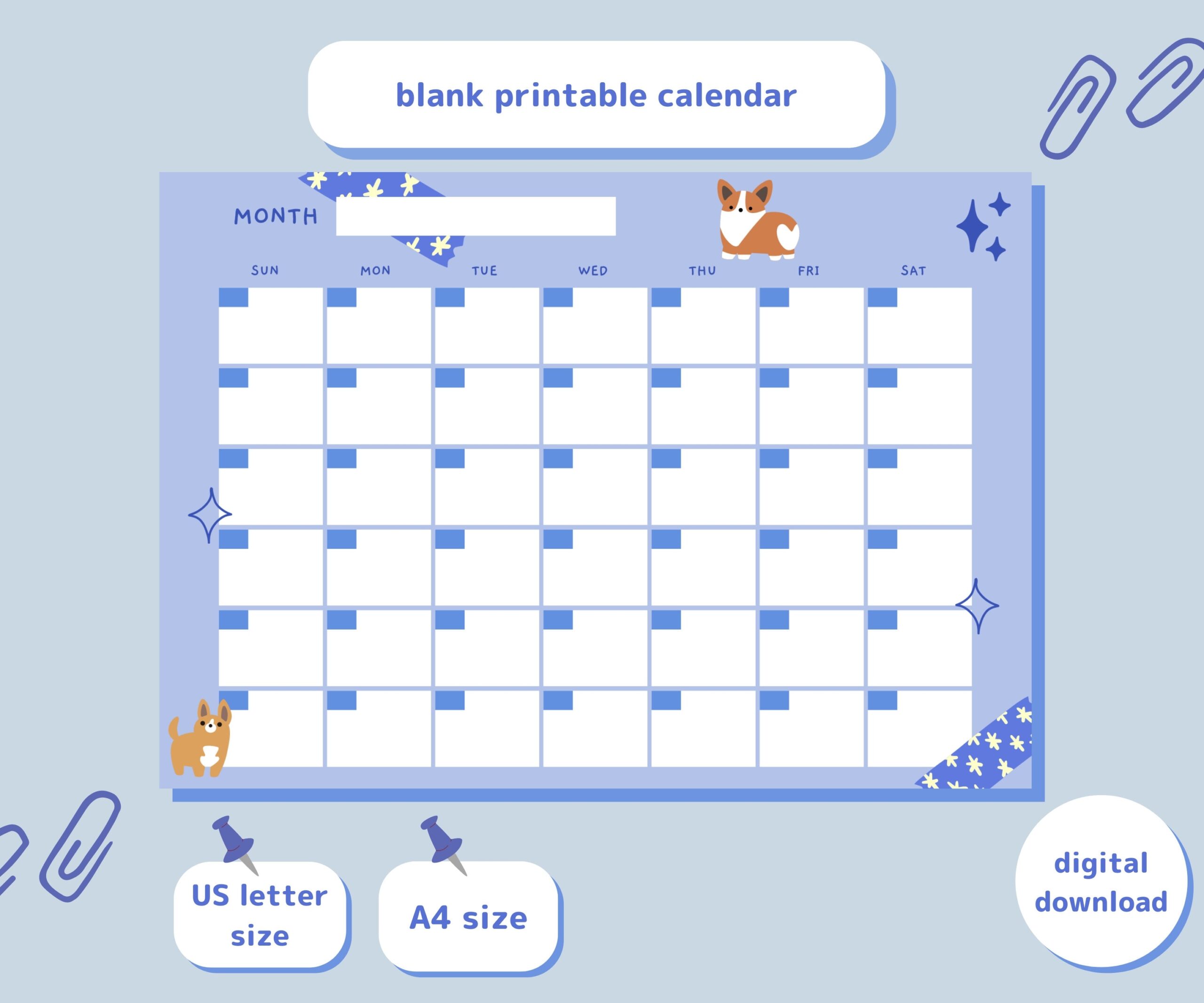 Blank Monthly Calendar Cute Dog Calendar Cute Stationery Instant Download Digital Download Dog Calendar Printable Blank Calendar Etsy