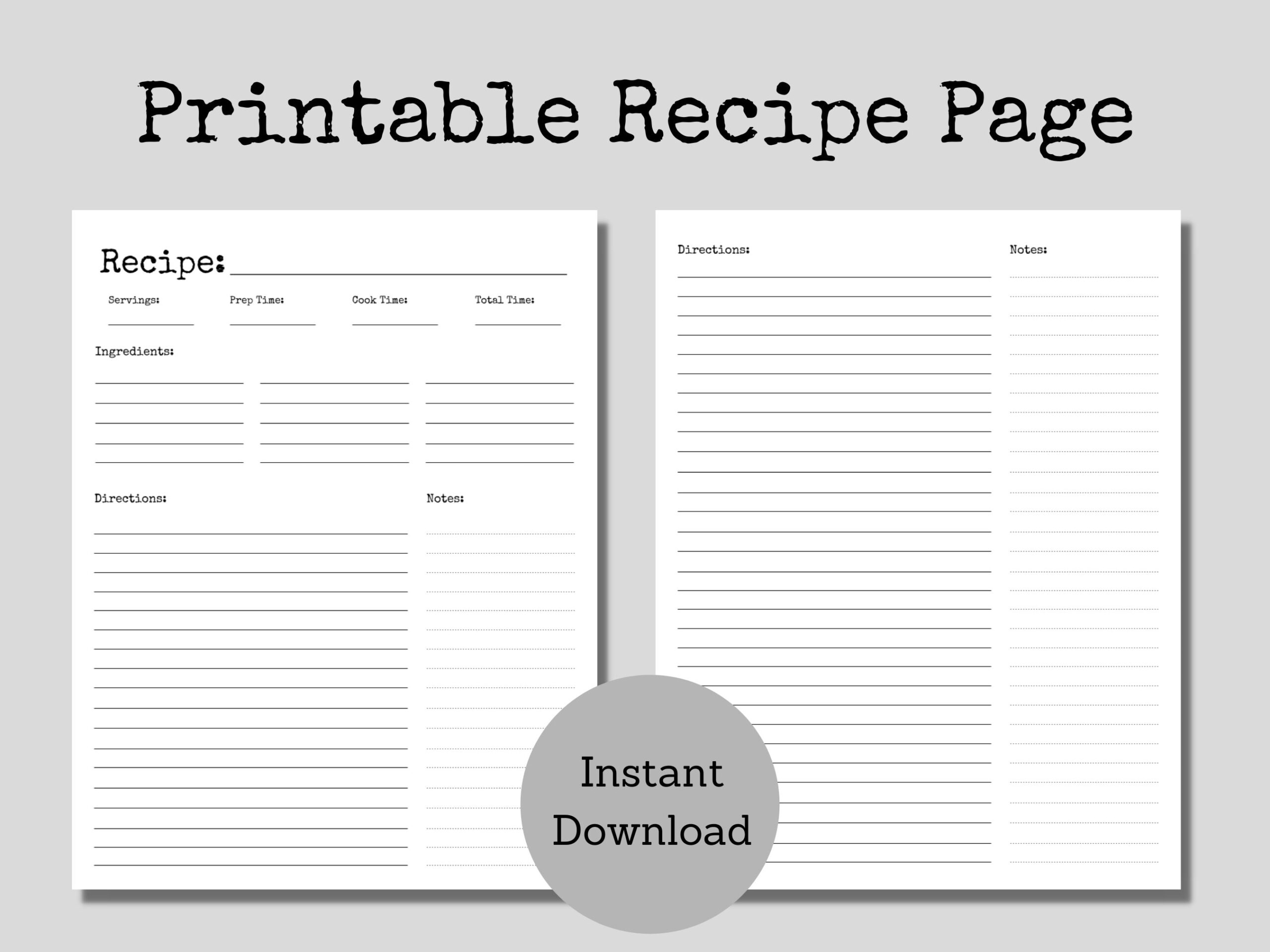 Blank Recipe Page Recipe Card Recipe Template Typewriter Style
