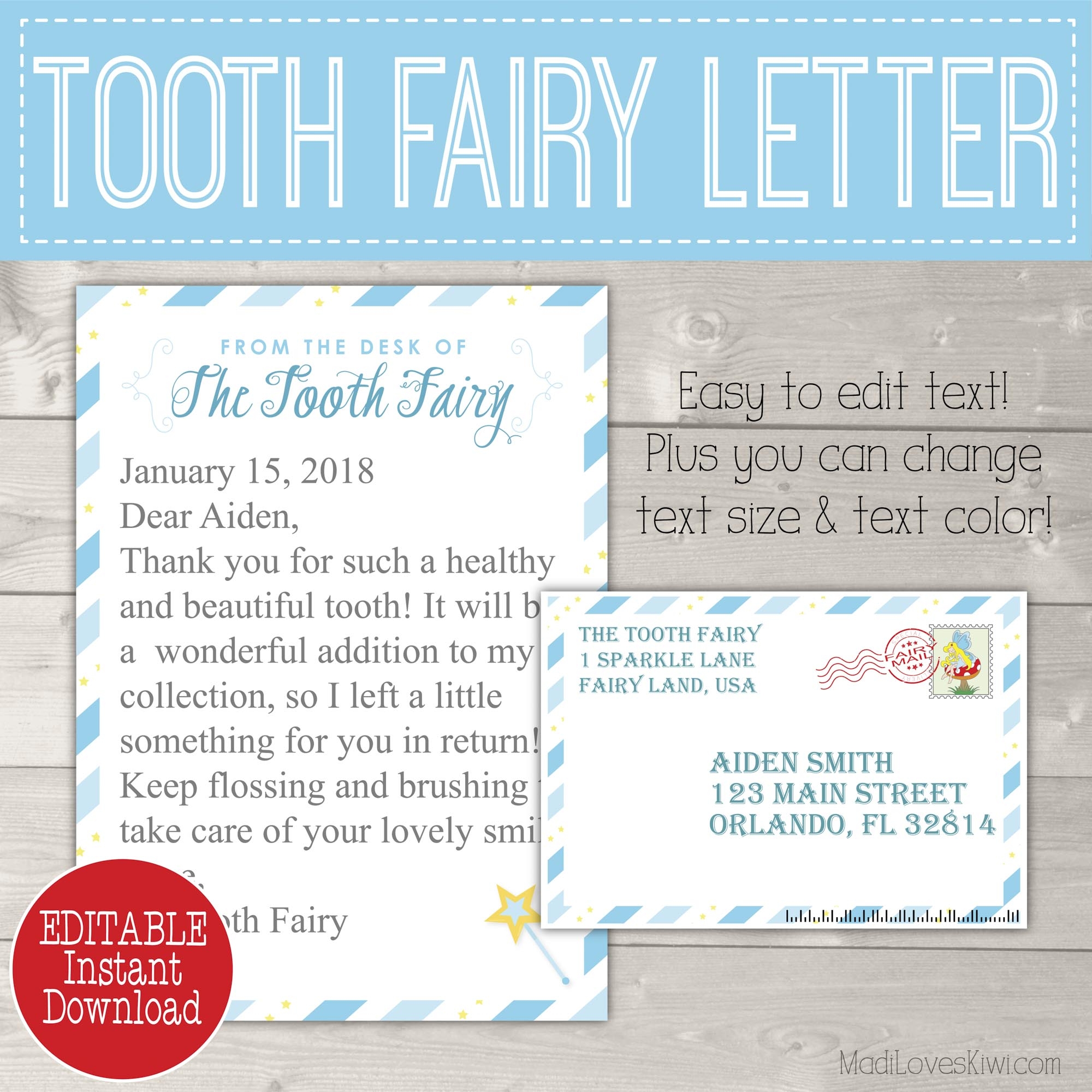 Blue Tooth Fairy Letter With Envelope Printable First Lost Tooth Note For Boys Madi Loves Kiwi Digital Downloads