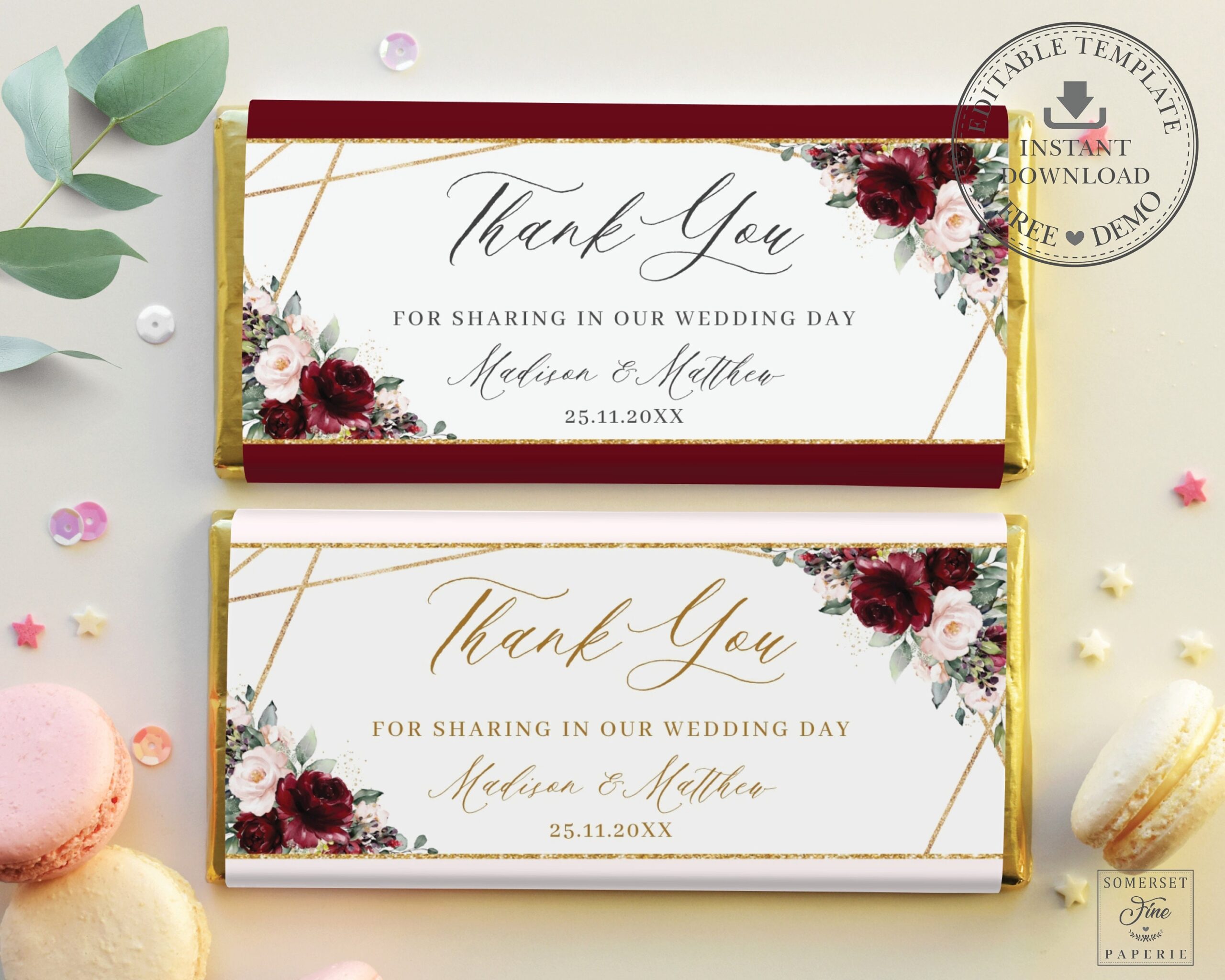Burgundy Blush Floral Wedding Chocolate Bar Label INSTANT DOWNLOAD Bridal Baby Shower Candy Wrapper Printable Hershey s Aldi EDITABLE RB1 Etsy
