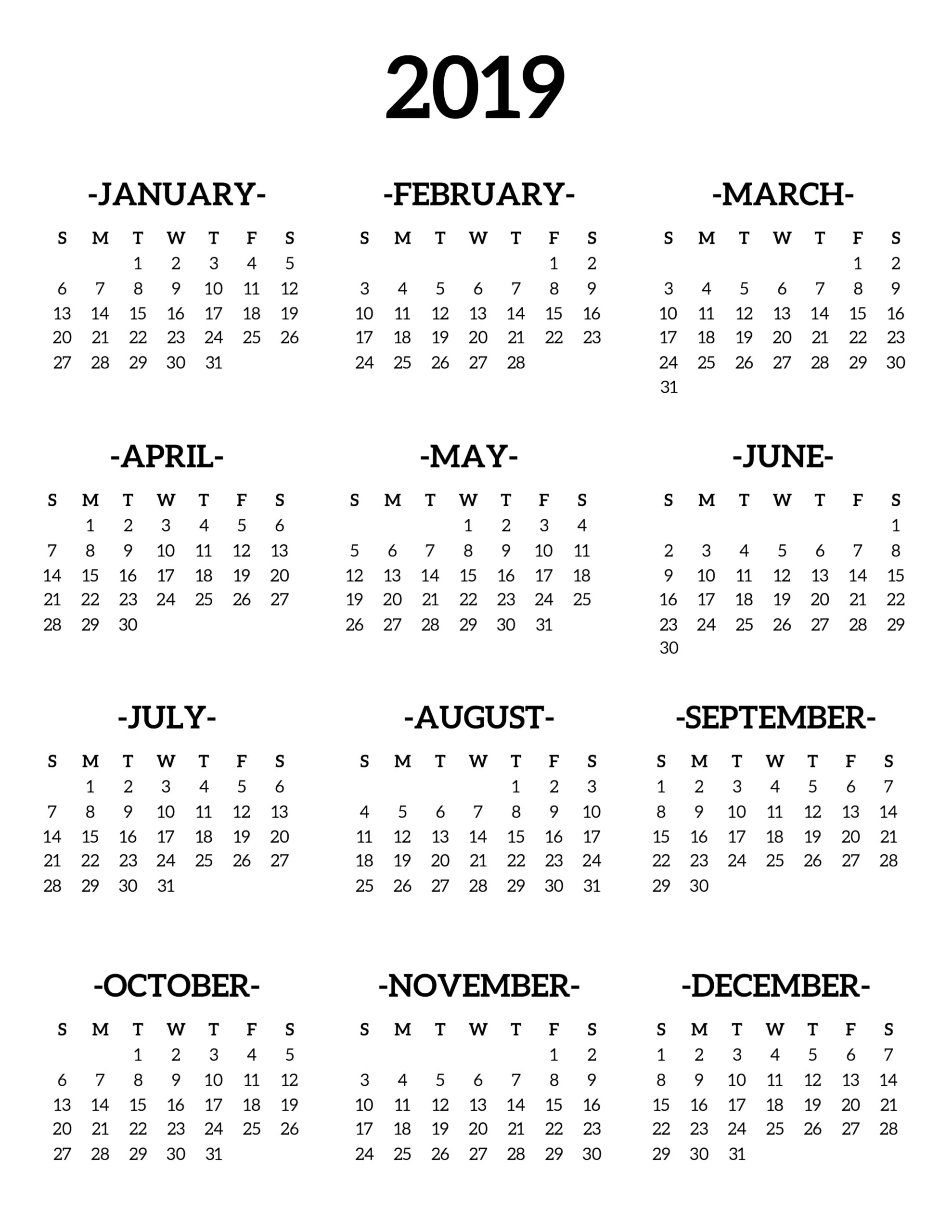 2019 Yearly Calendar Free Printable