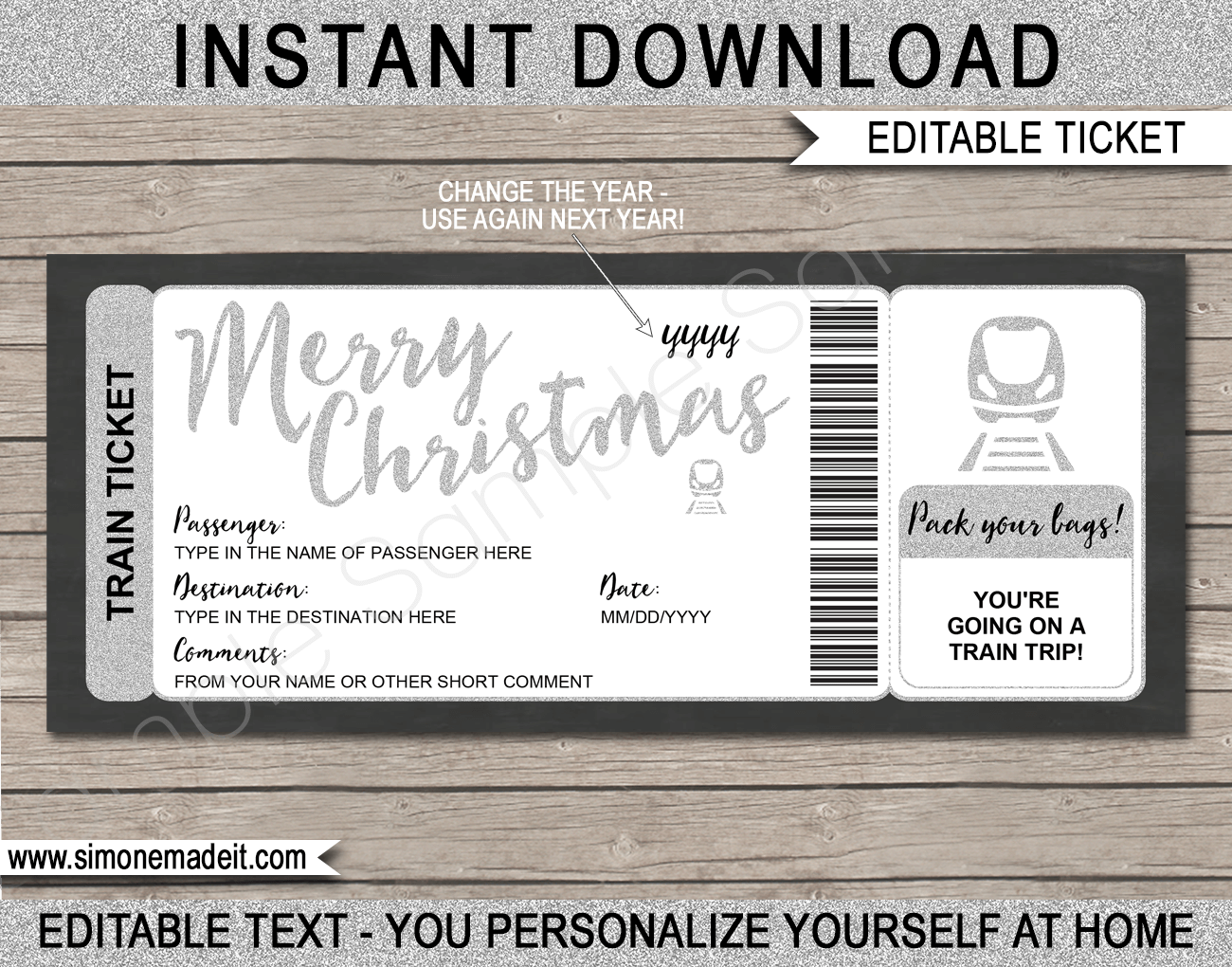 Christmas Surprise Train Trip Reveal Gift Ticket Printable Ticket Template