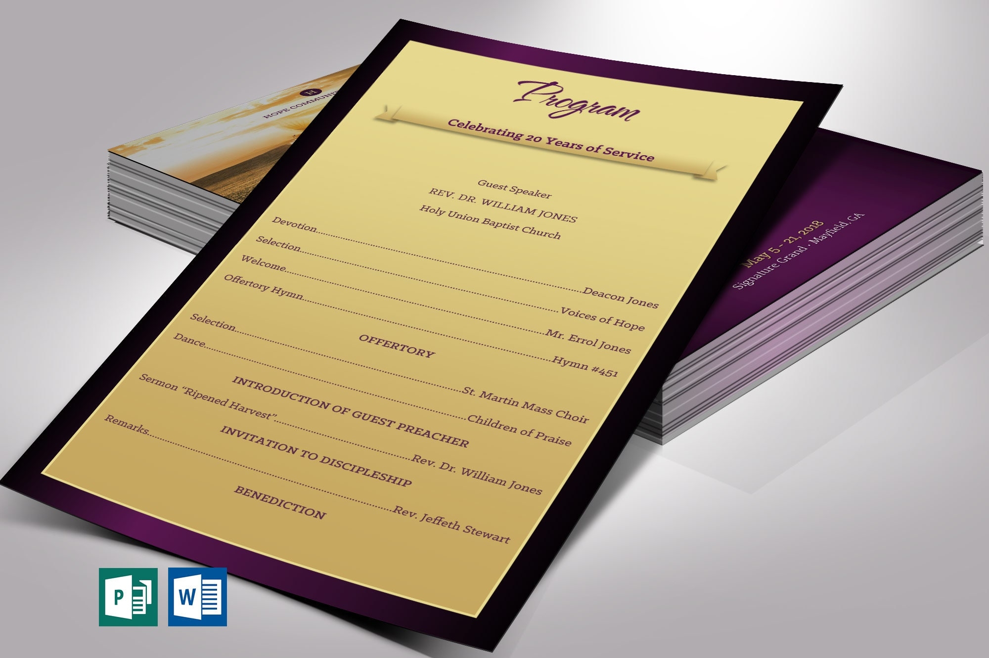 Church Anniversary Program Template Set Word And Publisher Purple And Gold Single Sheet Pastor Appreciation For Churches 5 5x8 5 In Etsy
