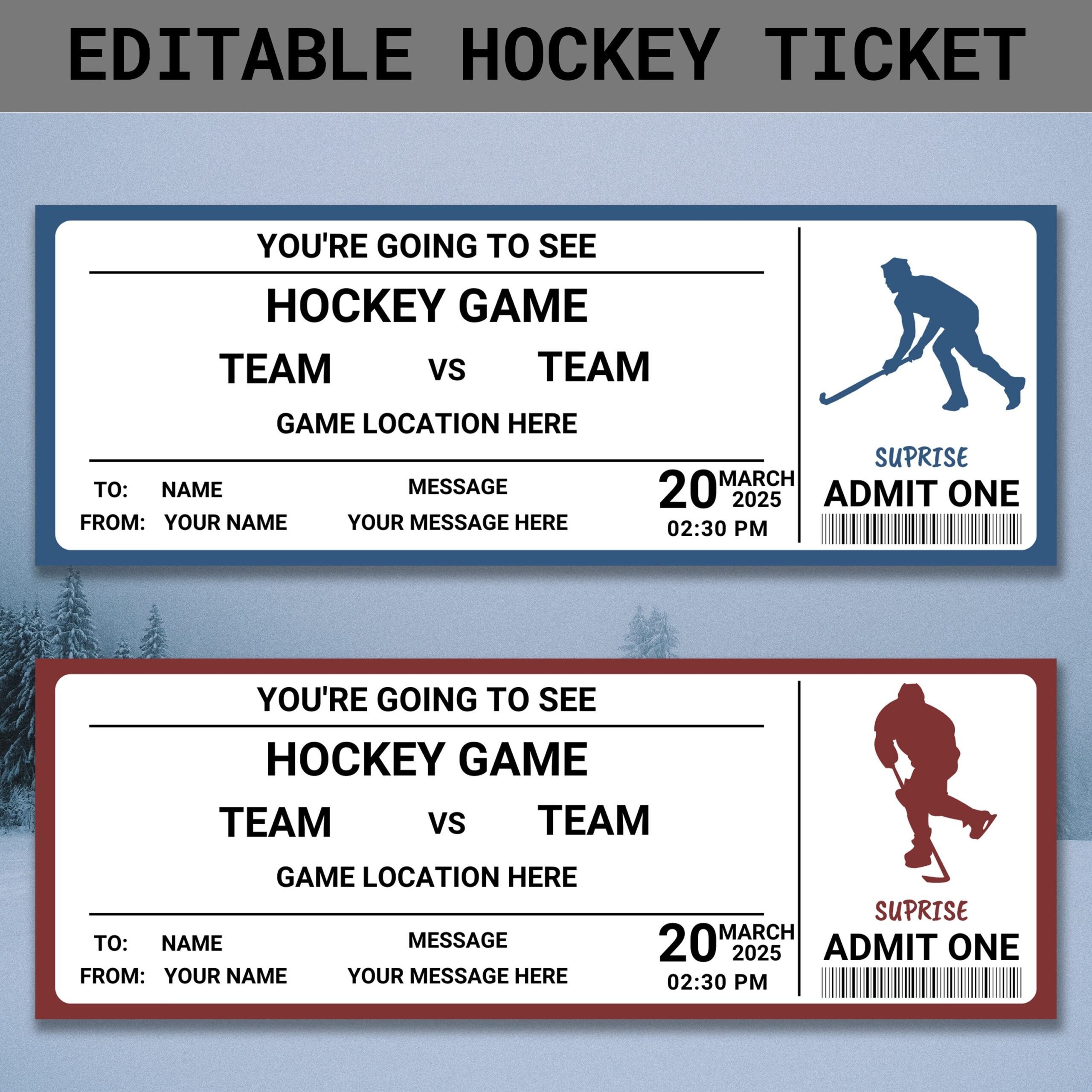 Custom Hockey Ticket Hockey Ticket Template Printable Editable 