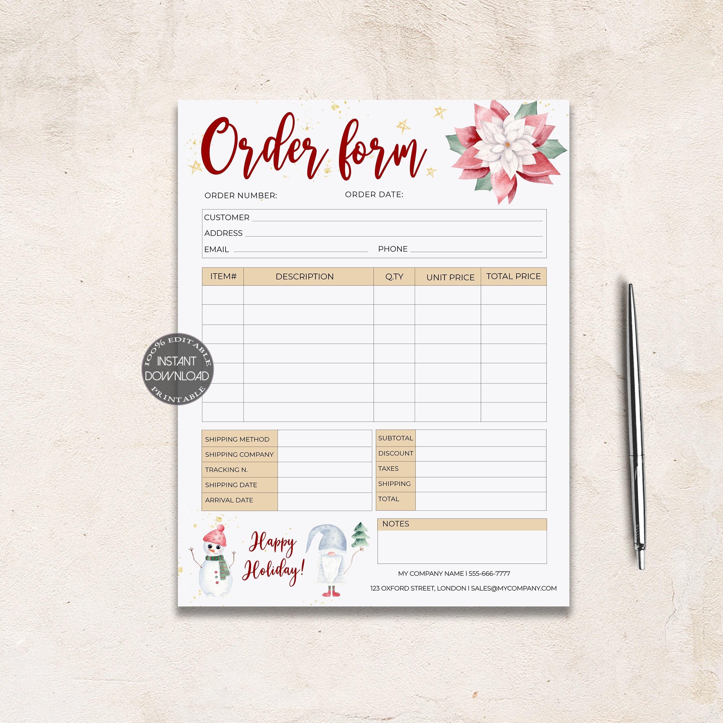 Custom Order Form Printable Editable Work Order Template 