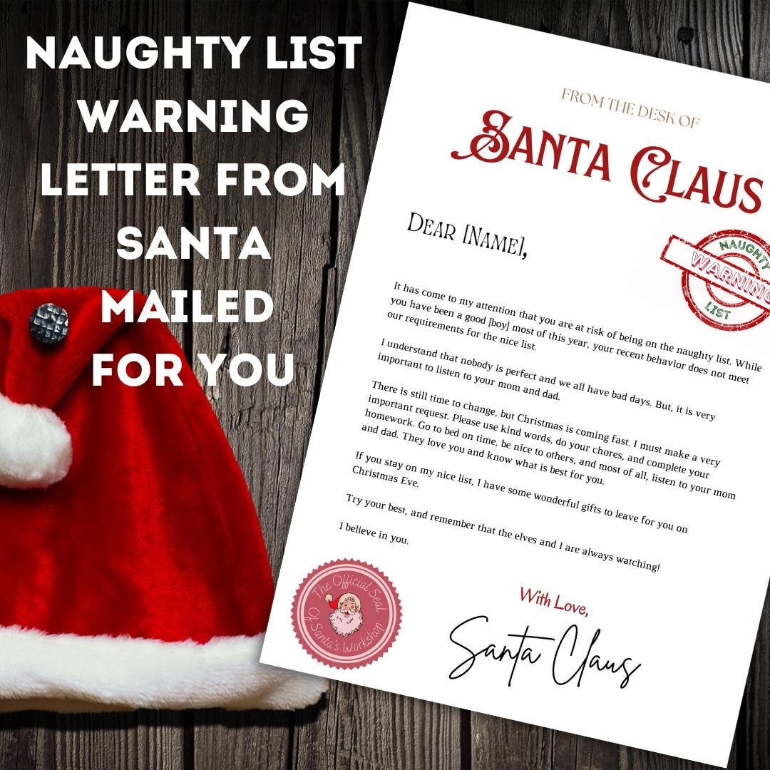 Customizable Naughty List Warning Letter From Santa Mailed For You Santa Letter For Kids Christmas Holidays Nice List Etsy