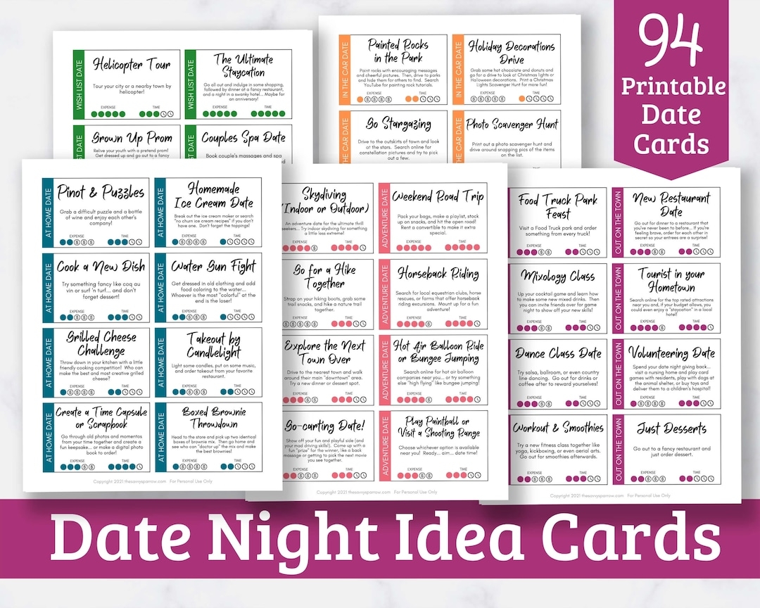 Date Night Idea Cards 94 Printable Date Cards With Awesome Date Ideas Etsy