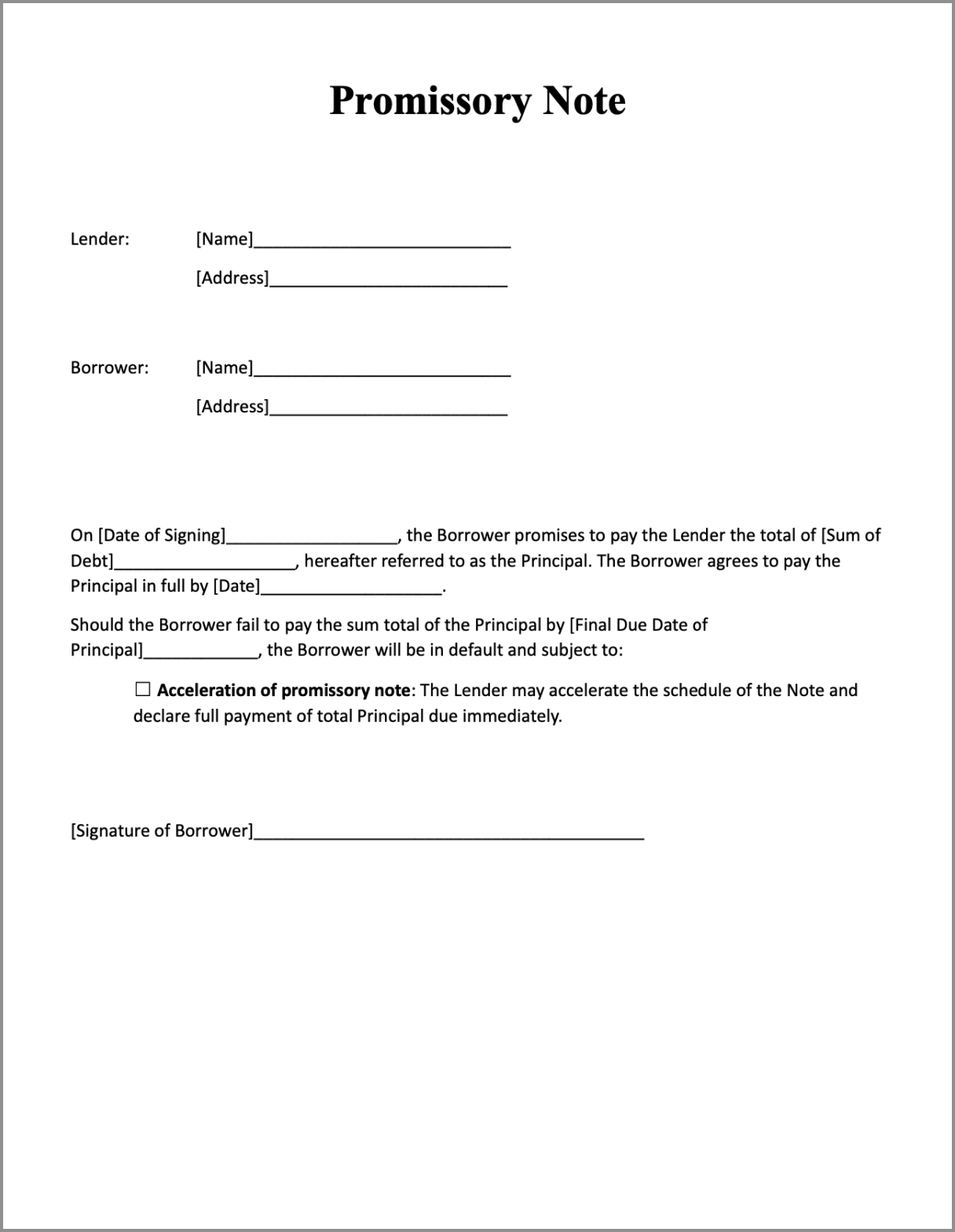 Printable Blank Promissory Note Template