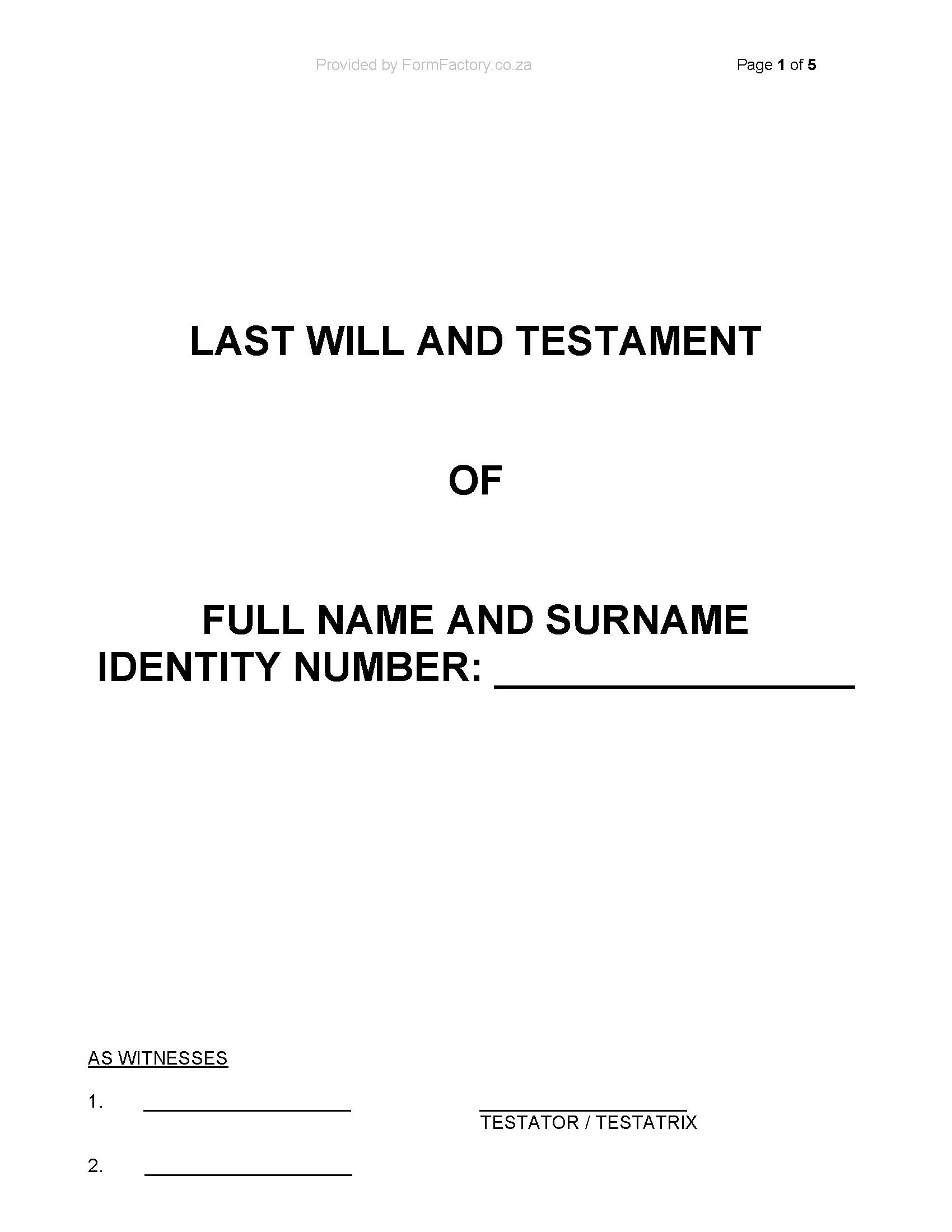 Free Printable Will Template South Africa