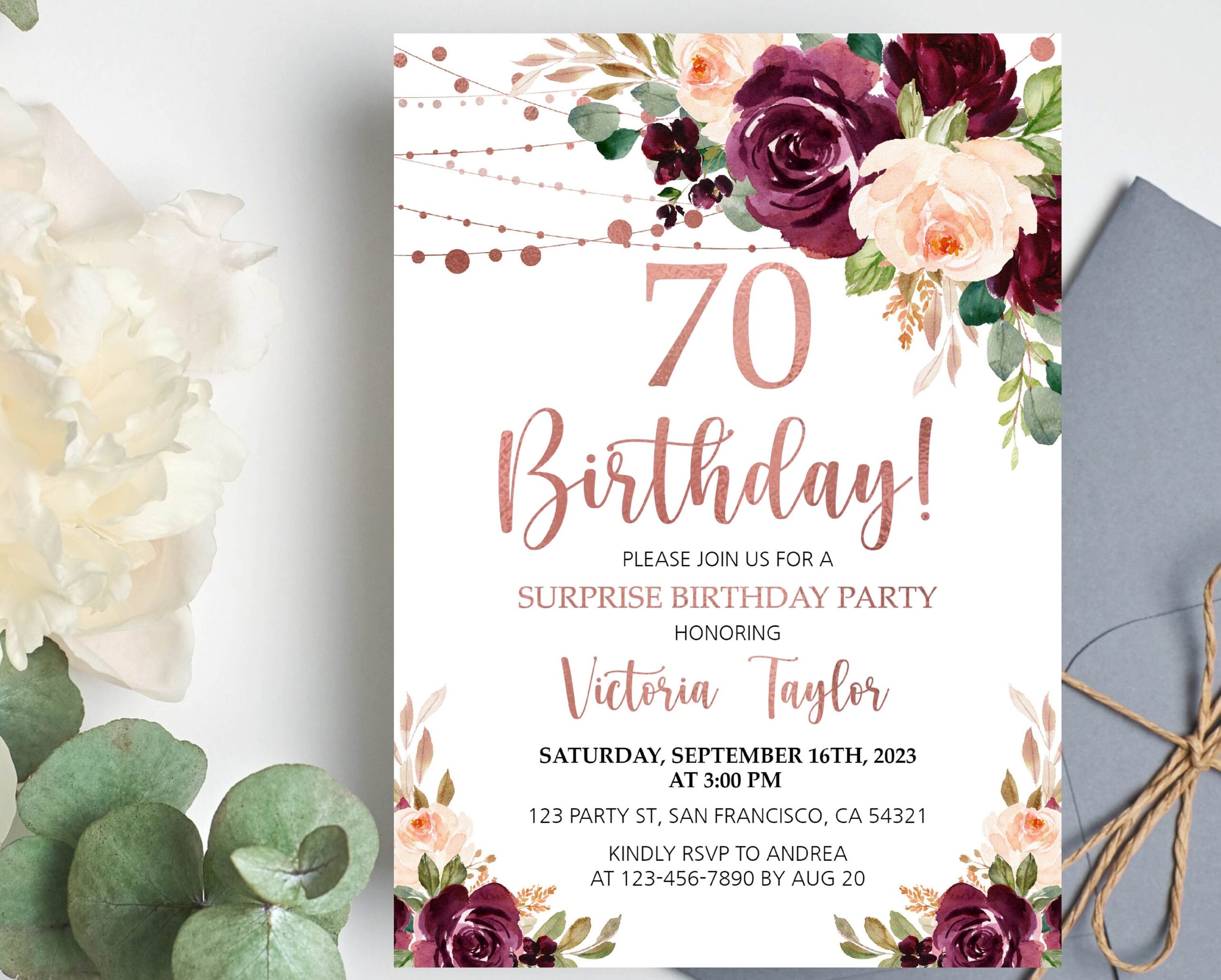 Editable 70th Birthday Invitation For Women Floral Surprise 