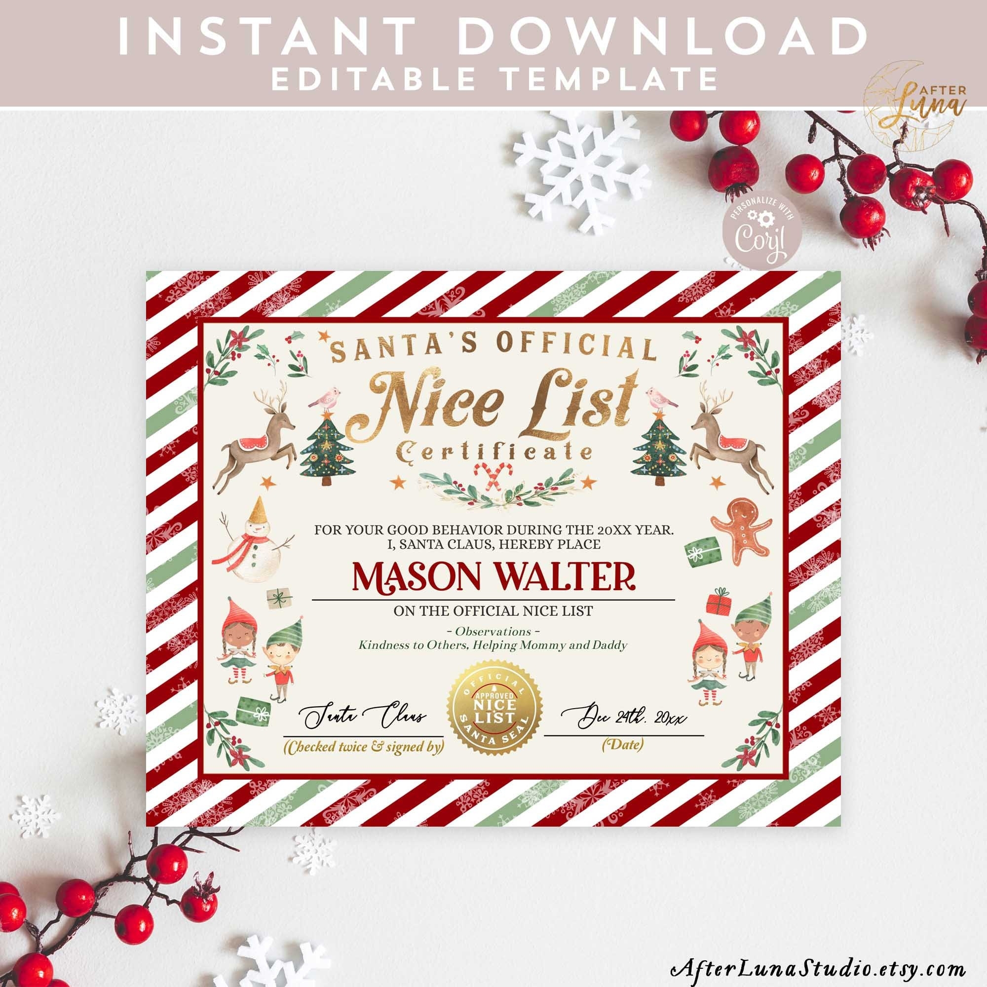 EDITABLE Nice List Certificate Printable Santa s Official Document 