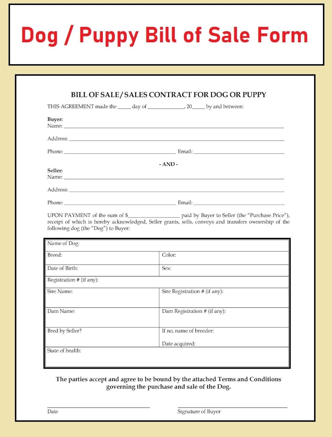 Printable Blank Puppy Sale Contract Templates