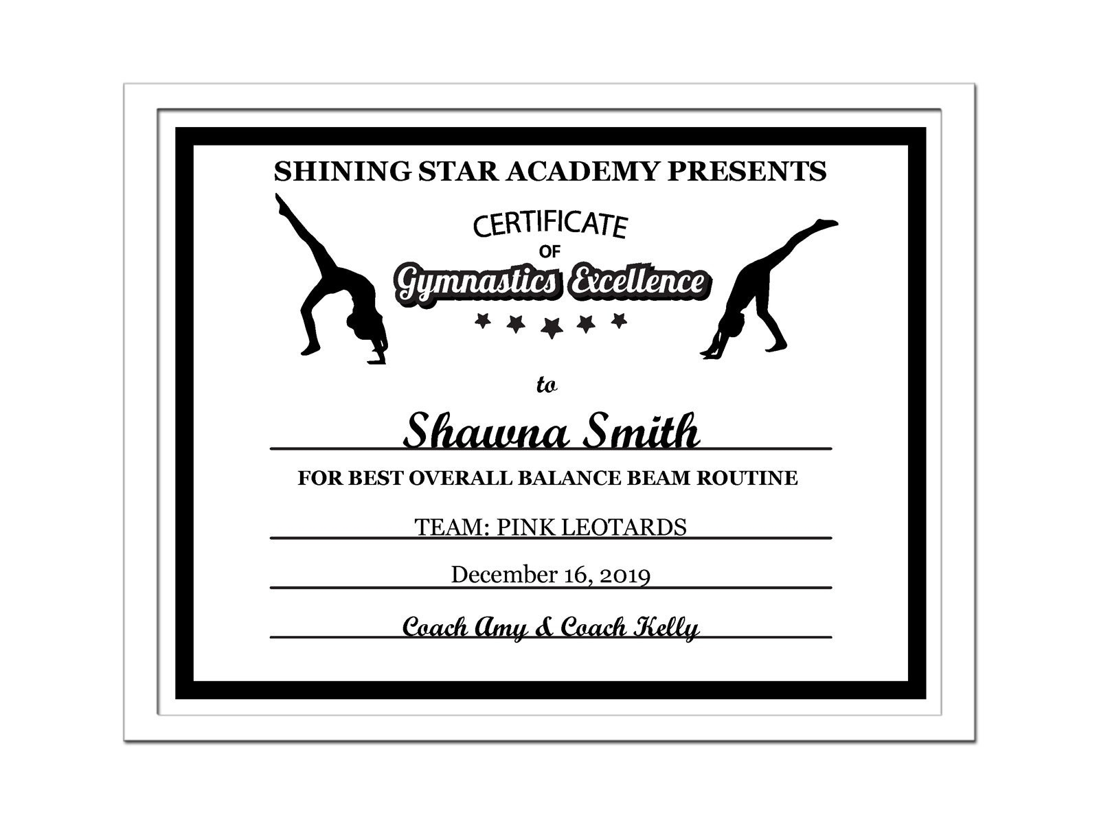 Editable PDF Sports Team Gymnastics Certificate Award Template In Black Letter Size Instant Download Pdf U0026 Blank Jpg SC 002 GYMNASTICS blk