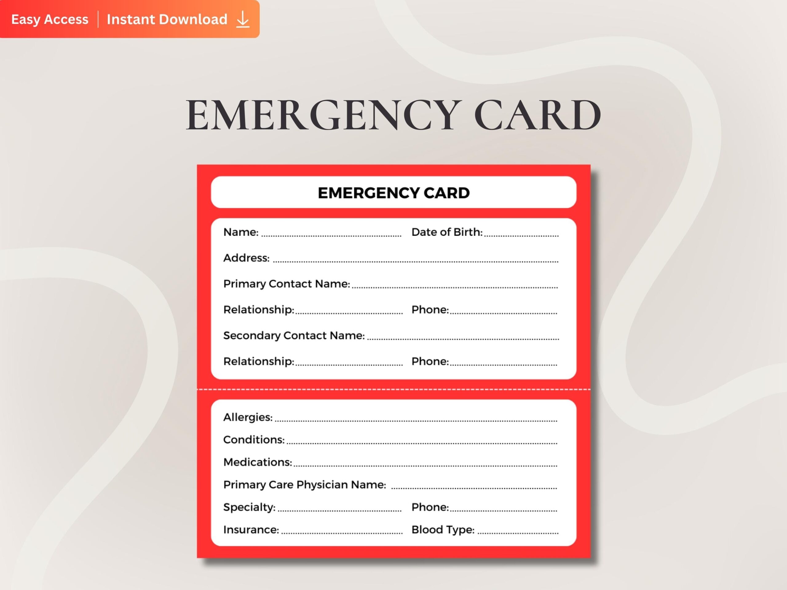 Emergency Contact Card Template Printable Emergency Wallet Card 