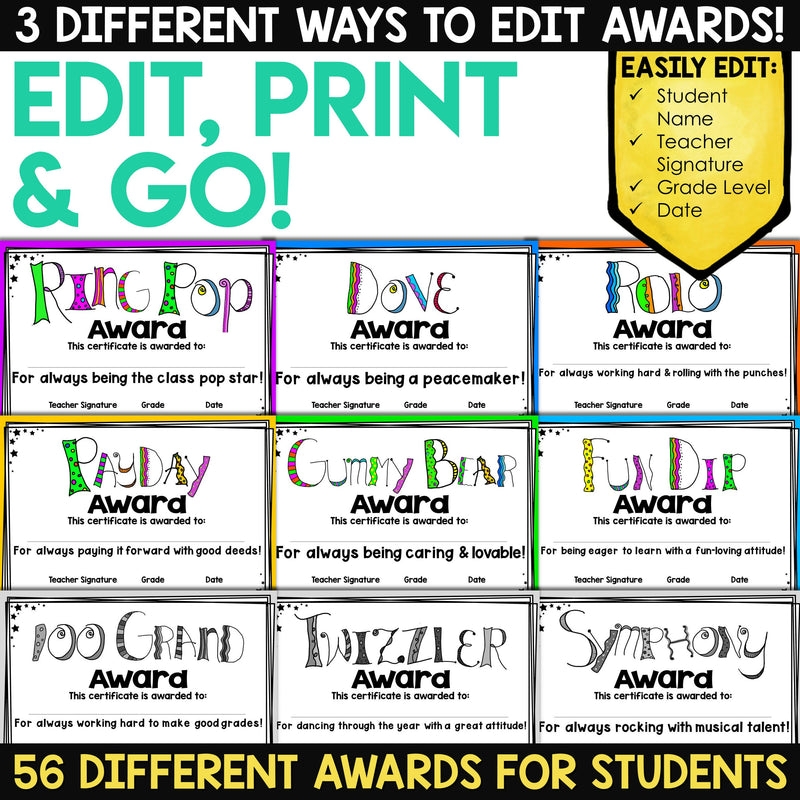 End Of The Year Awards Certificates Candy Bar Classroom Student 